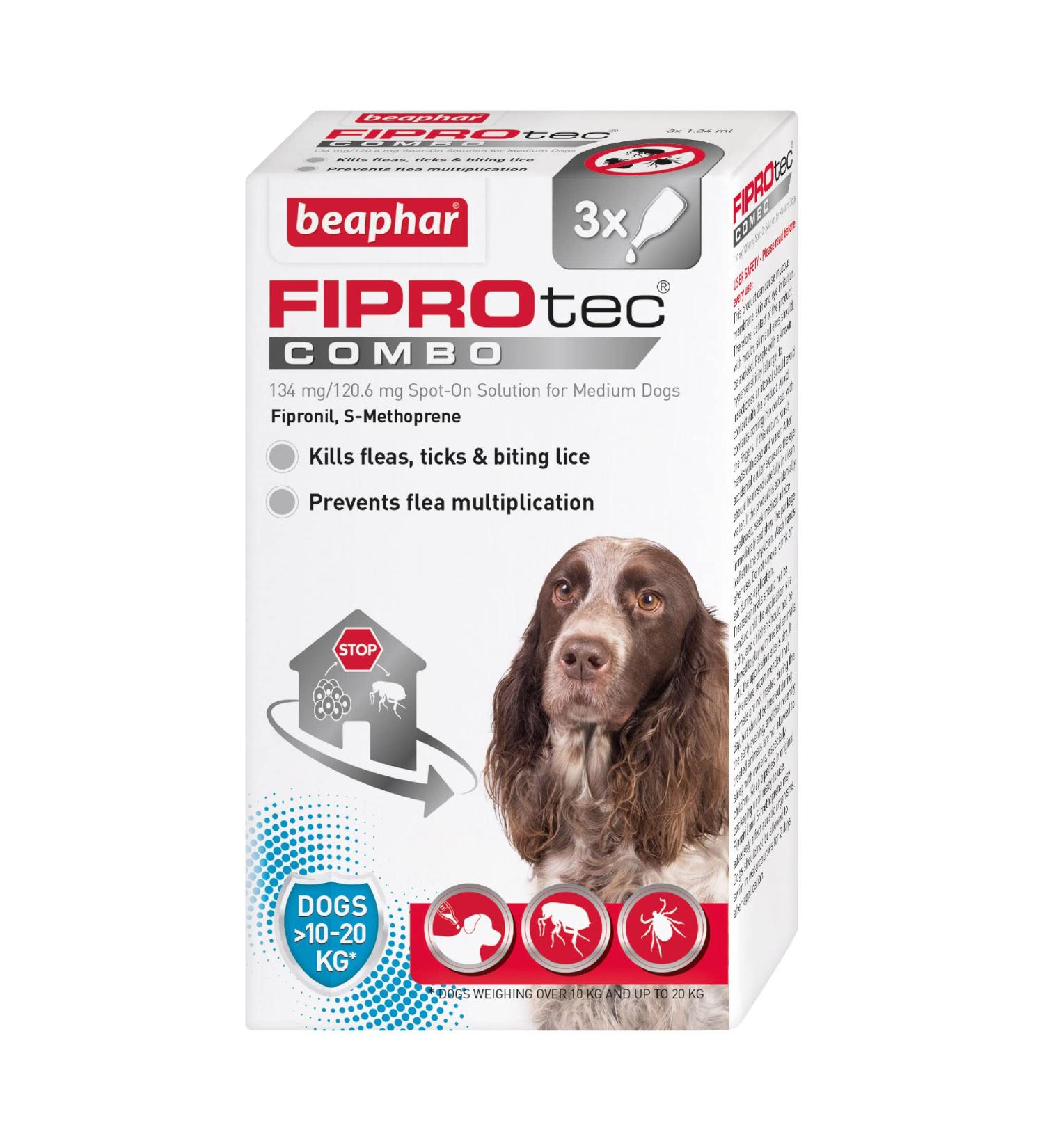 Beaphar | FIPROtec COMBO for Medium Dogs (10 20kg) | Kills Fleas Flea Eggs & Ticks | Stops Fleas Multiplying on Pet and in Home | Vet Strength Treatment | 3 Pipettes - Buy Online on GoSupps.com