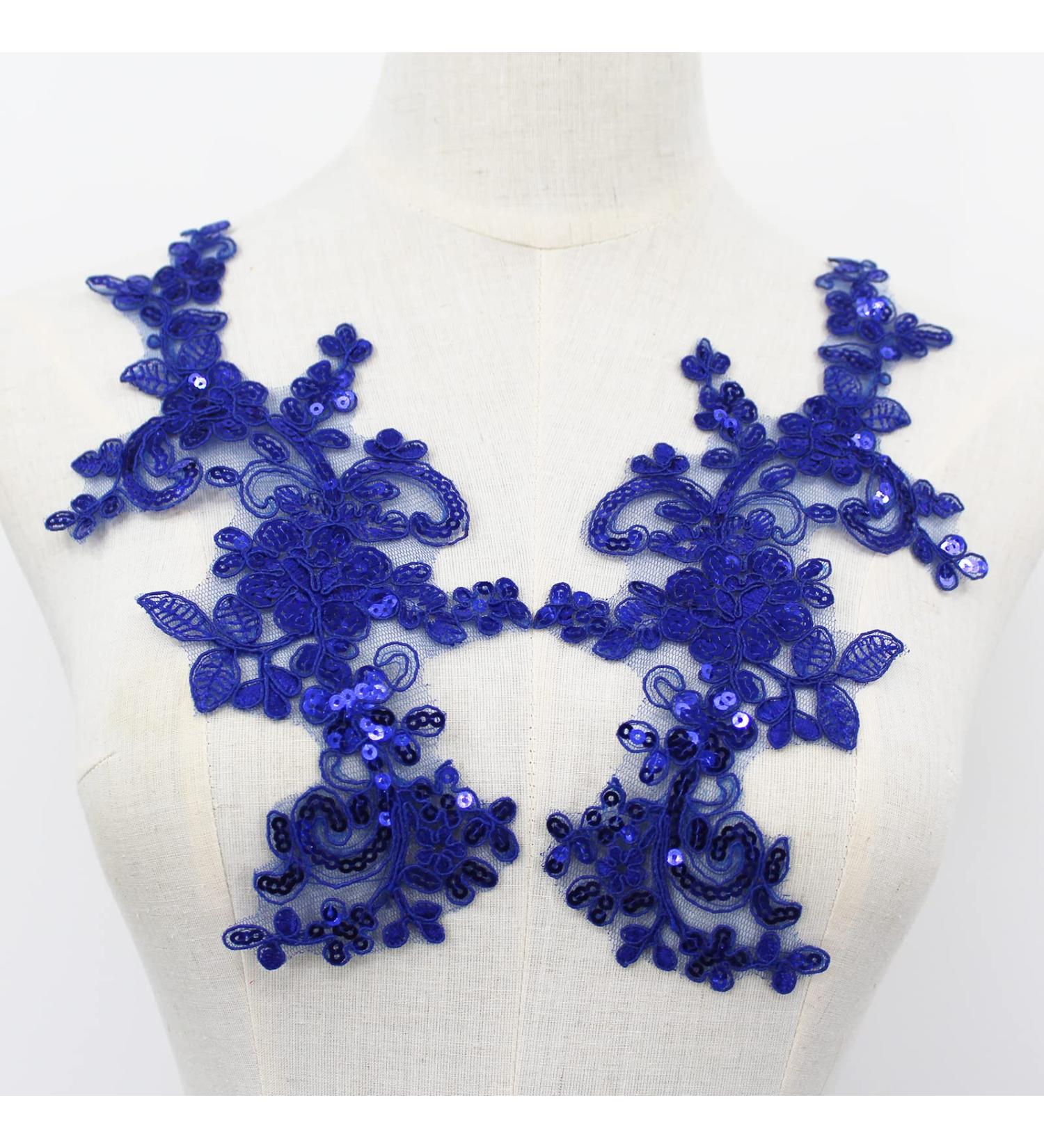 SEMCICOR Embroidery Sequin Lace Applique Pair - Wedding Dress Bridal DIY Crafts - Blue - Buy Online on GoSupps.com