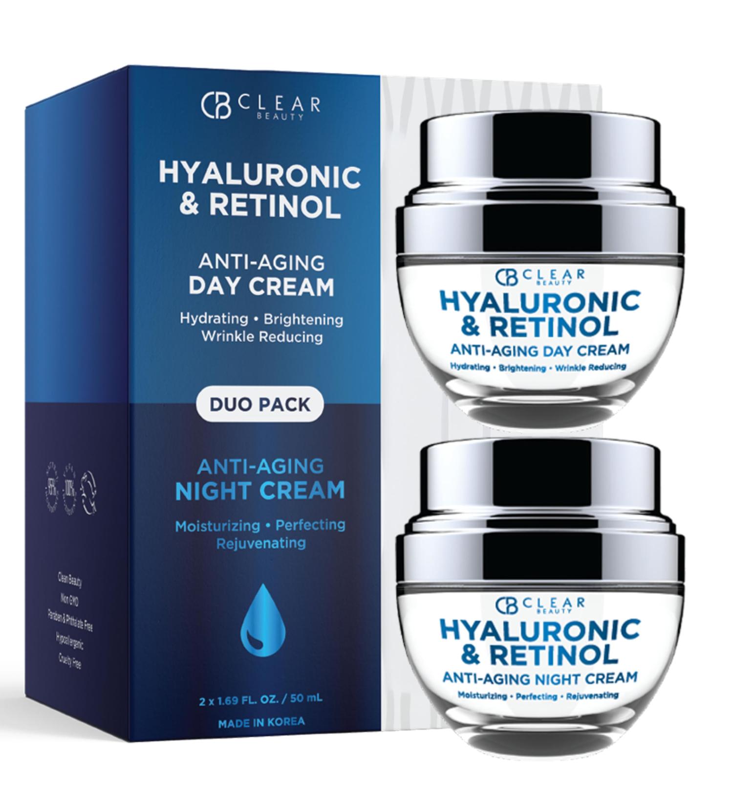 Clear Beauty Hyaluronic Acid & Retinol Face Moisturizer - Dermatologist Tested Anti Aging Korean Skin Care Day And Night Hydration Smooths Fine Lines Firms Skin Vegan Clean Duo Pack Hyaluronic & Retinol (Day & Ni  - Buy Online on GoSupps.com