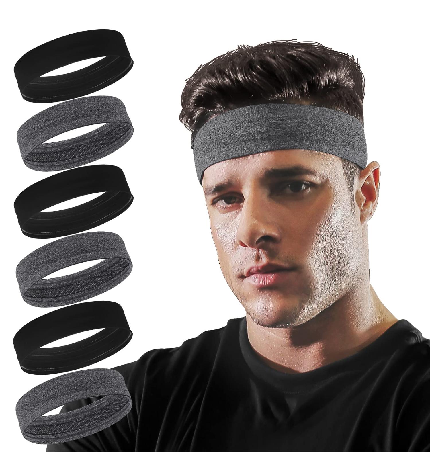 Vsiopy Men's Non Slip Running Headband 6-Pack - Moisture Wicking & Adjustable Workout Sweatbands in Black and Grey - Buy Online on GoSupps.com