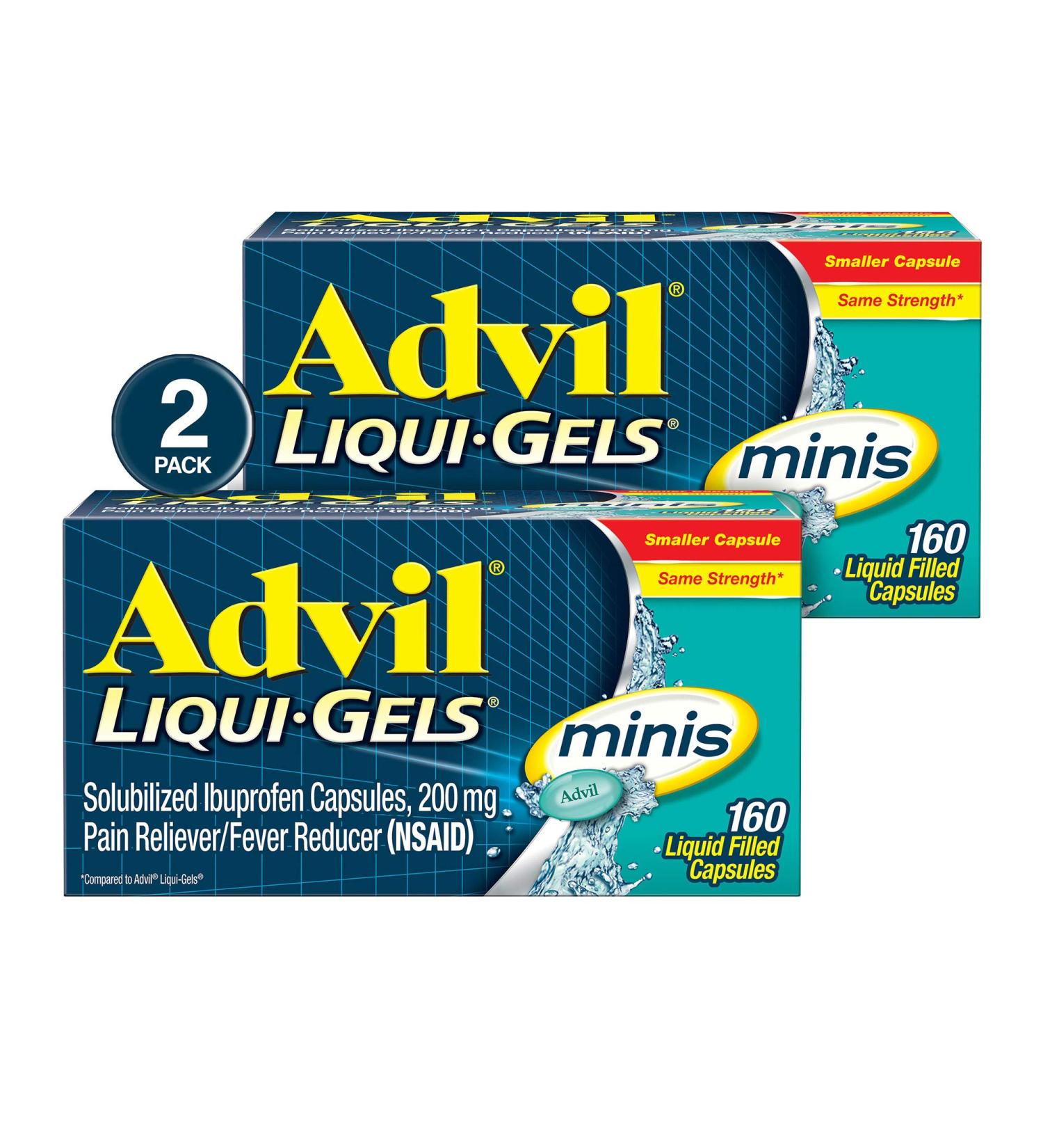 Advil Liqui-Gels minis Pain Reliever and Fever Reducer, Pain Medicine for Adults with Ibuprofen 200mg for Pain Relief - 2x160 Liquid Filled Capsules