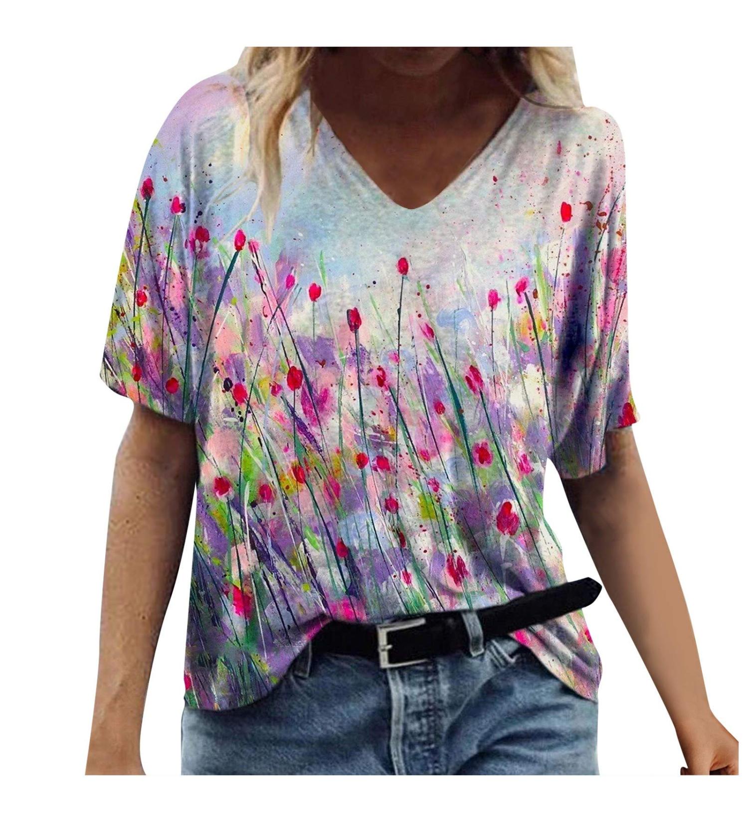 2023 Summer V Neck T-Shirt for Women | Floral Print Casual Short Sleeve Tee - Purple | Loose Fit Graphic Top - Buy Online on GoSupps.com