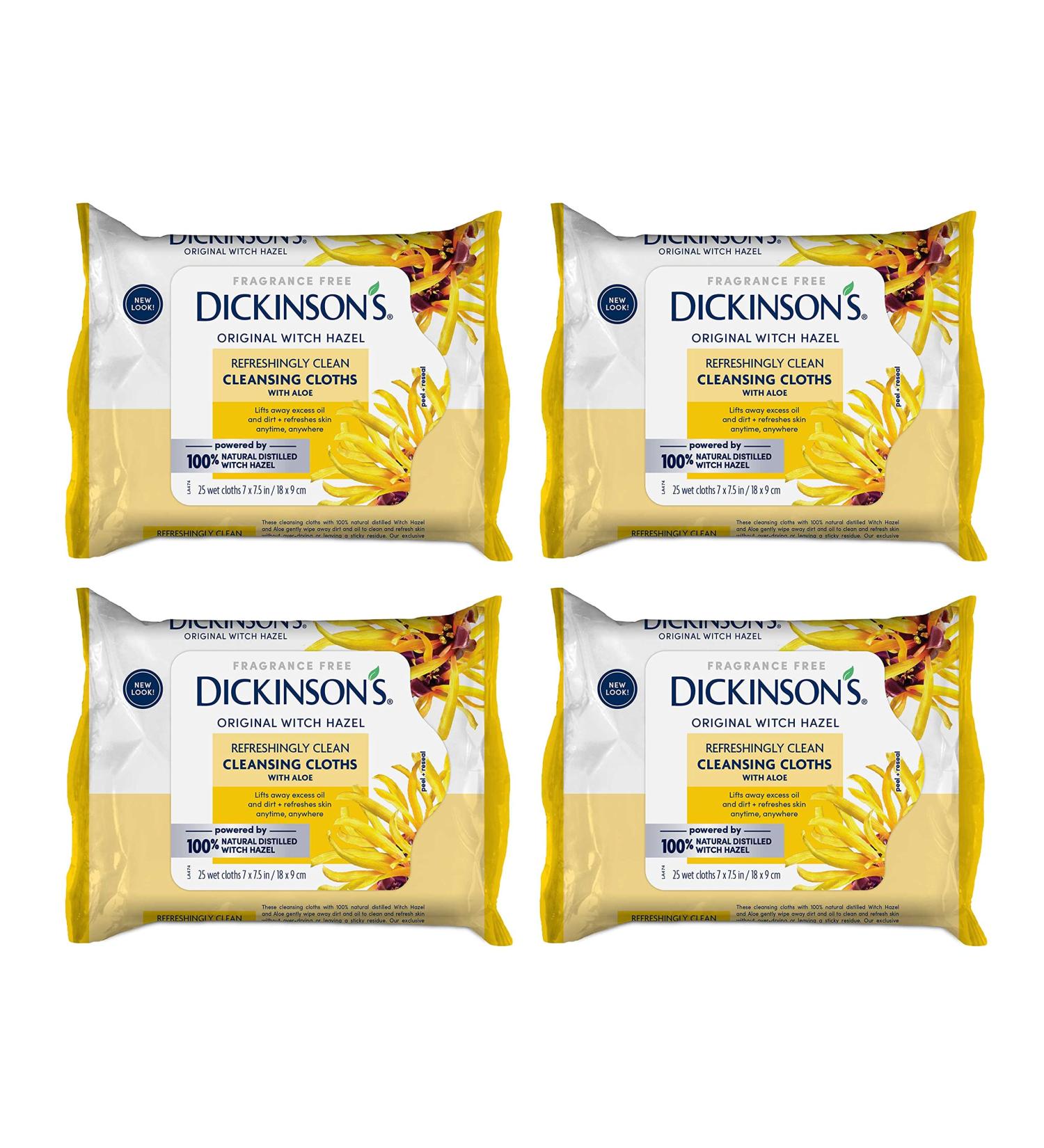 Dickinson's Original Witch Hazel Cleansing Cloths with Aloe - 4 Pack, 25 Count Each | Refreshing Clean - Buy Online on GoSupps.com