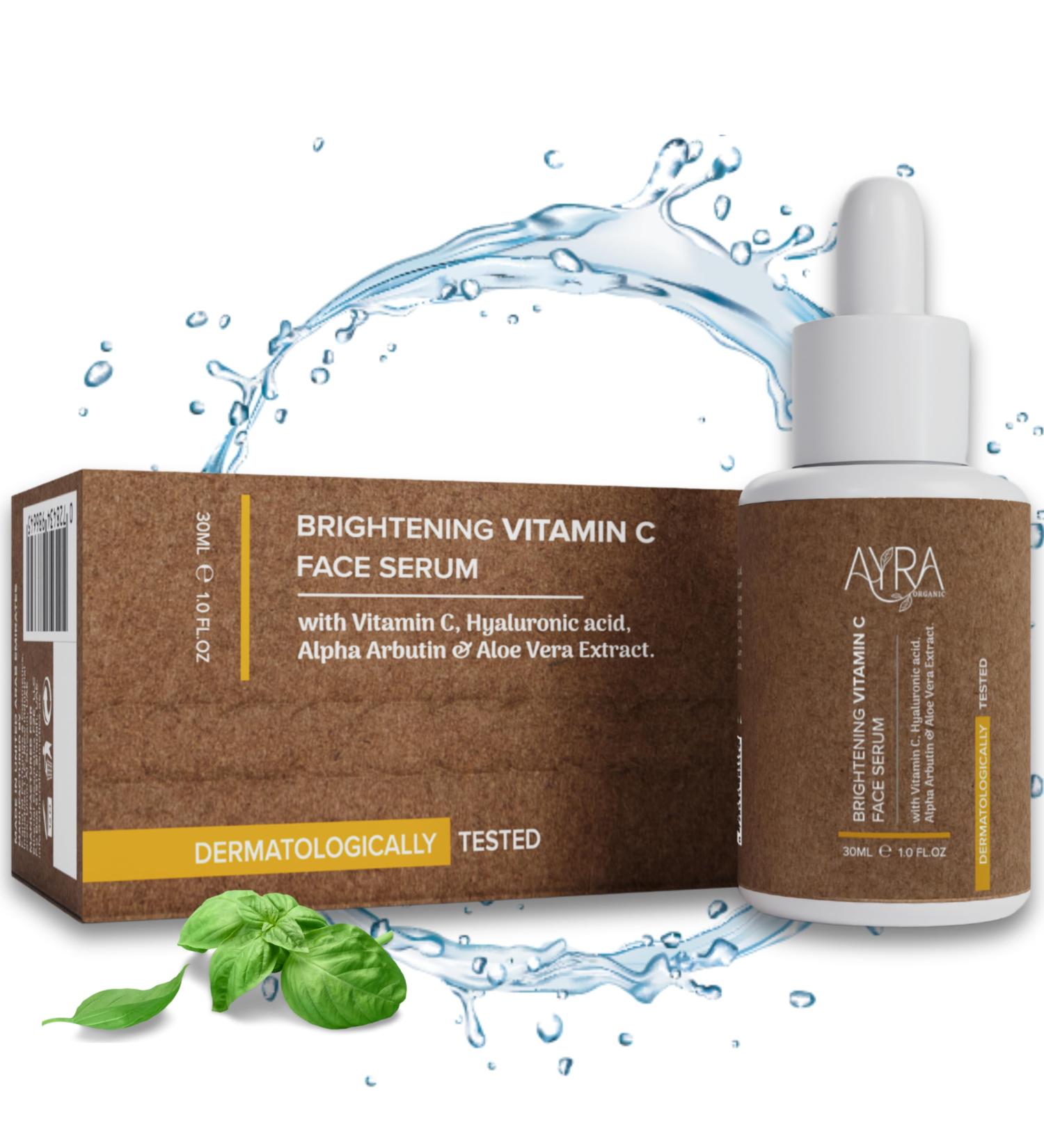 Ayra Organic Brightening Vitamin C Face Serum 1 Fl Oz | skin glow serum with Hyaluronic Acid Alpha Arbutin & Aloe Vera Extract | Organic & Eco-Friendly Skincare | Ideal for Dark Spots & Dull Skin - Buy Online on GoSupps.com