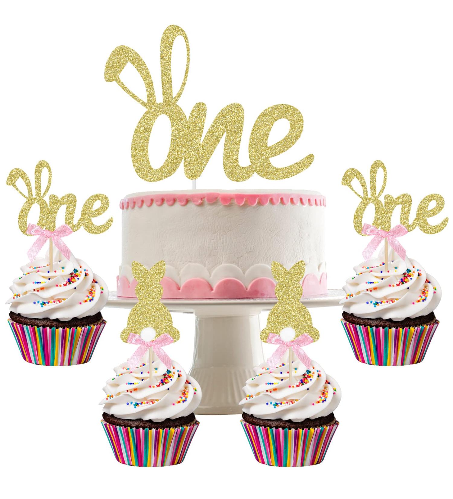Gold One Cake Topper and Cupcake Toppers for Easter Party Decor