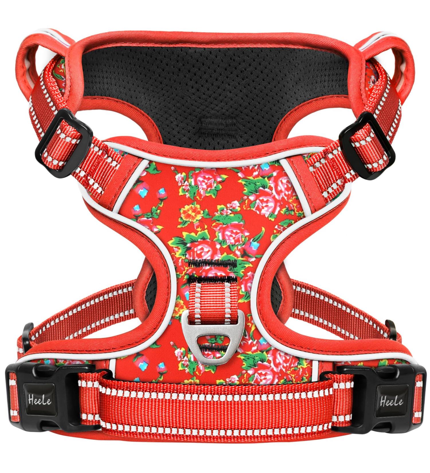 Heele Dog Crockery & Reflective No-Pull Harness for Small Dogs - Adjustable Padded Breast Harness & Dish in XS Flower Red - Buy Online on GoSupps.com