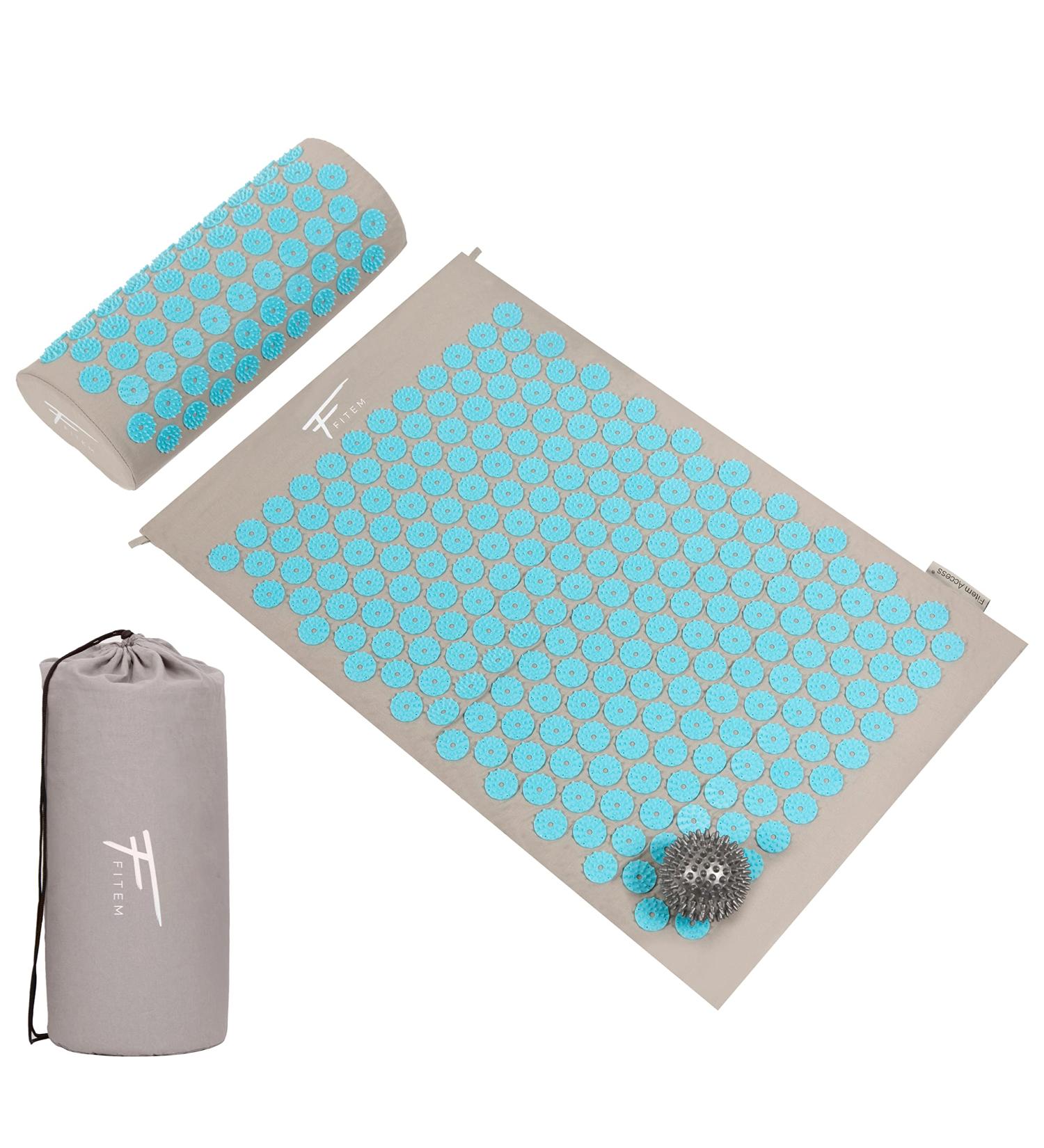 Fit Acupressure Set - Mat Pillow Bag & Massage Ball for Back & Neck Pain Relief - Gray/Turquoise - Buy Online on GoSupps.com