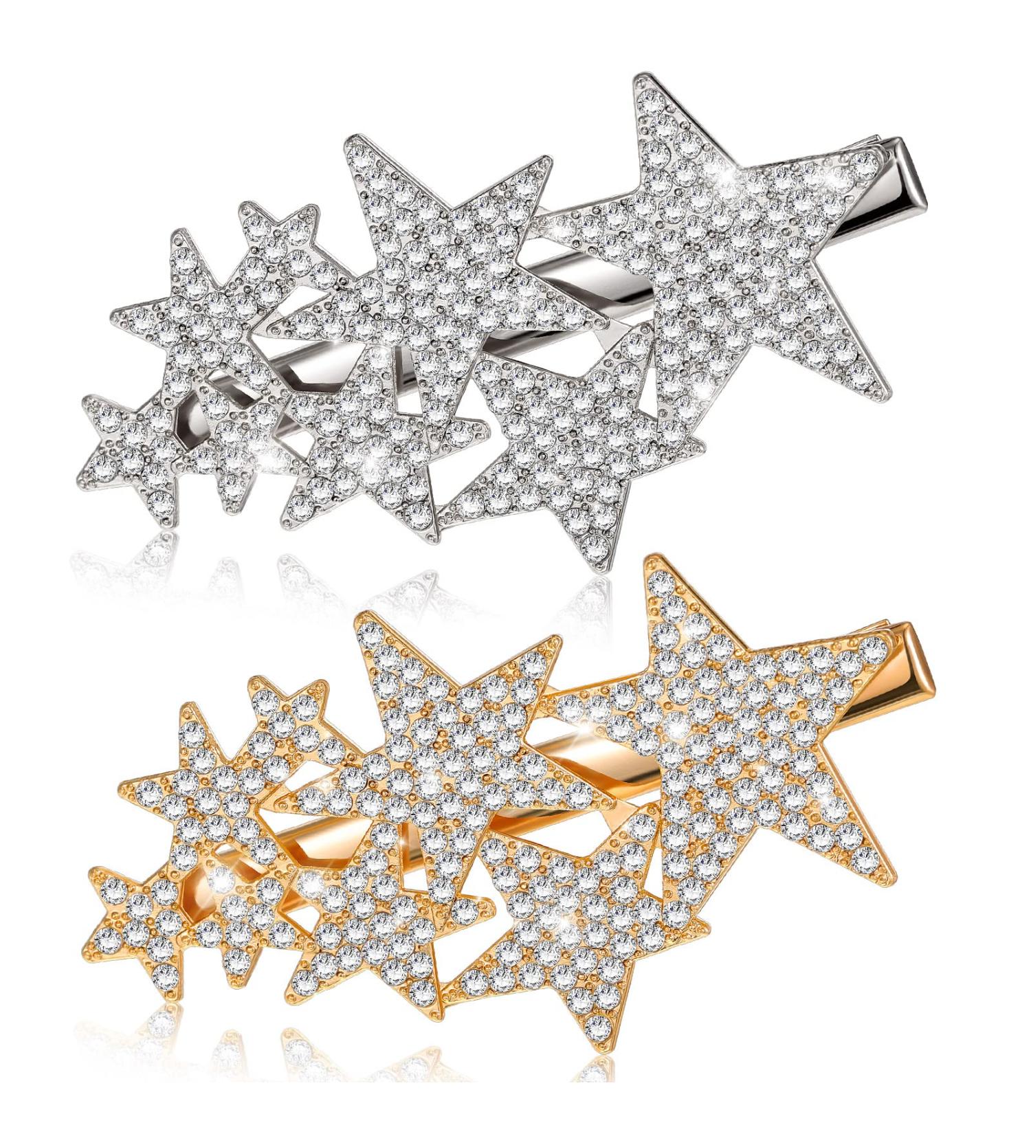 Stylish 2 Pack Stars Hair Clips - Rhinestone Metal Hairpins for Women Gold & Silver - Non-Slip Fashion Hair Jewelry - Buy Online on GoSupps.com