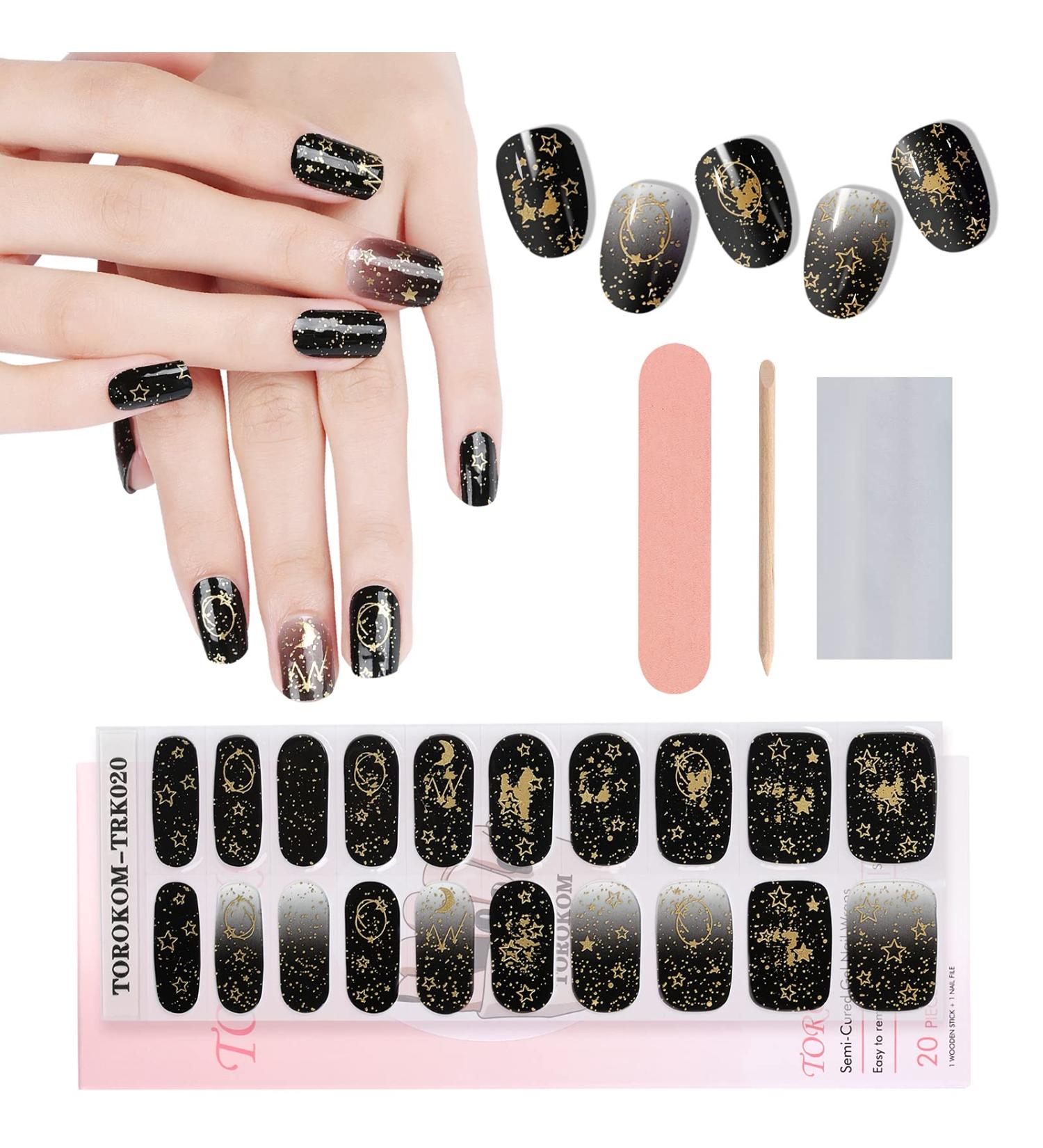 TOROKOM Black Moon Star Gel Nail Strips - 20 Stickers with Nail File Stick and Sealing Strip - Buy Online on GoSupps.com