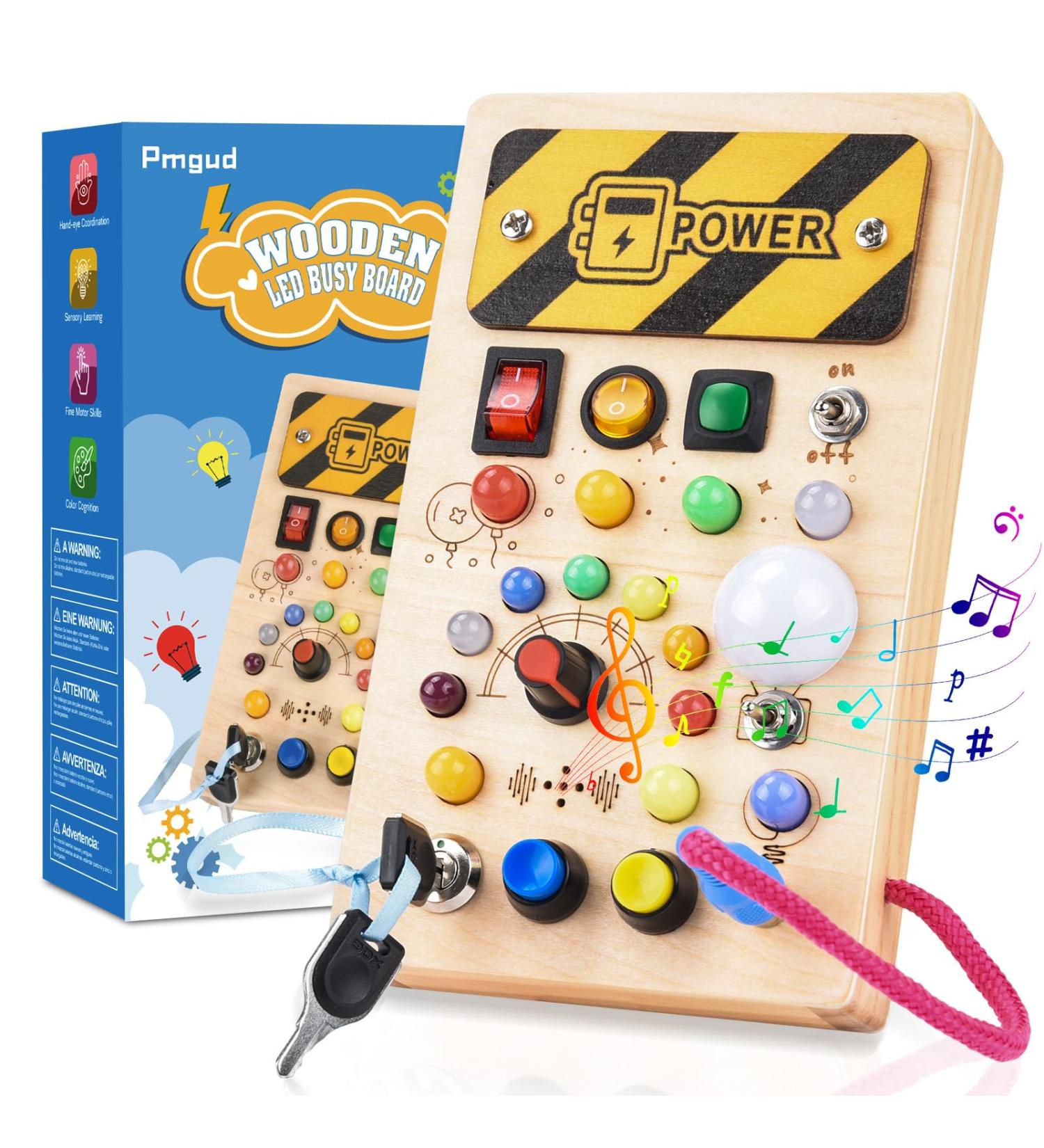 PMGud Montessori Busy Board - Educational Activity Toy for Babies & Toddlers | 8 Switches 15 LED Lights Music Sensory | Montessori Wooden Toys from 1 Year - Buy Online on GoSupps.com