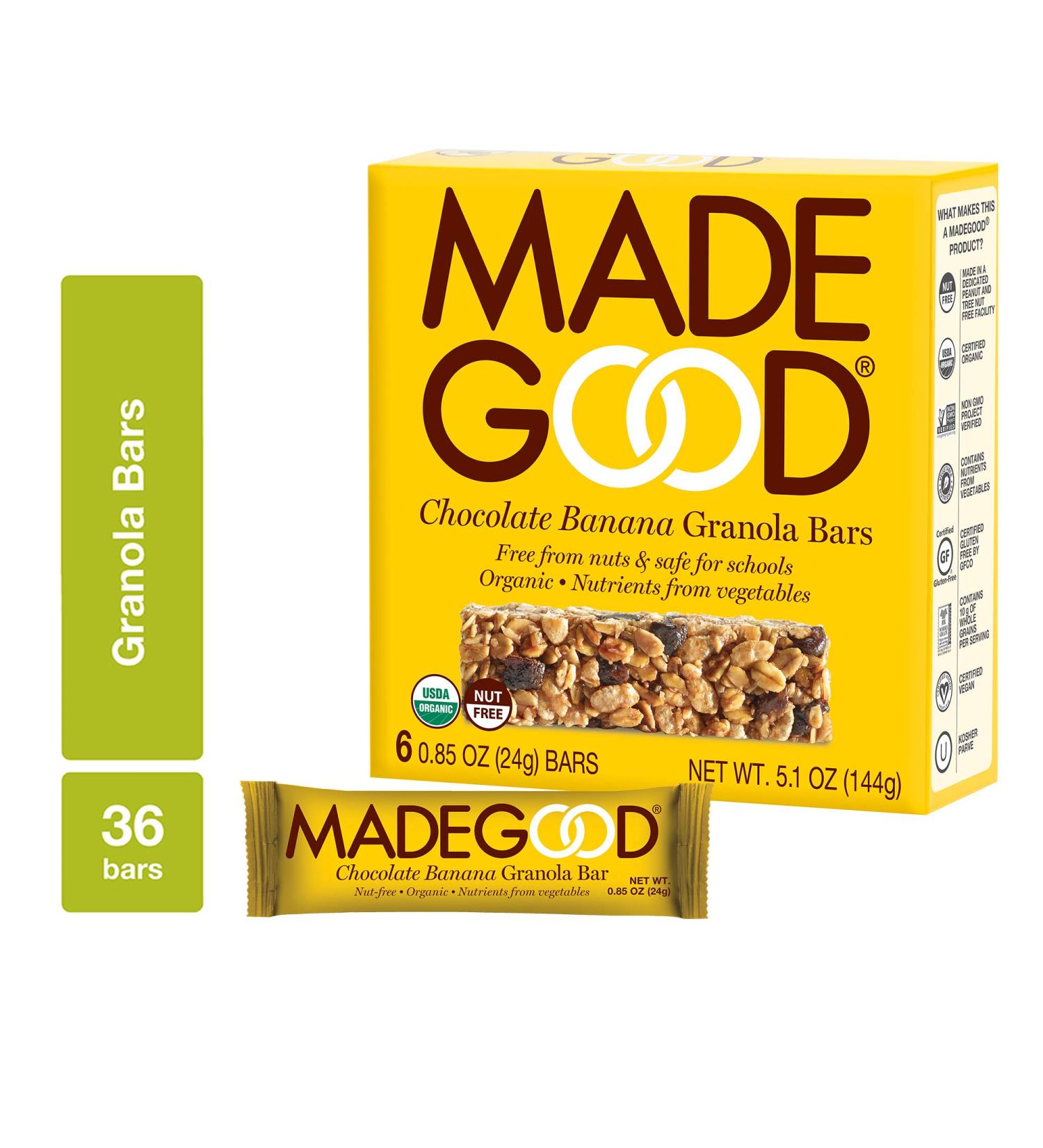 MadeGood Chocolate Banana Granola Bars 6 Pack - Gluten-Free & Organic Snack with Rich Dark Chocolate and Ripe Banana - 36 Bars, Full Serving of Vegetables Included - Buy Online on GoSupps.com