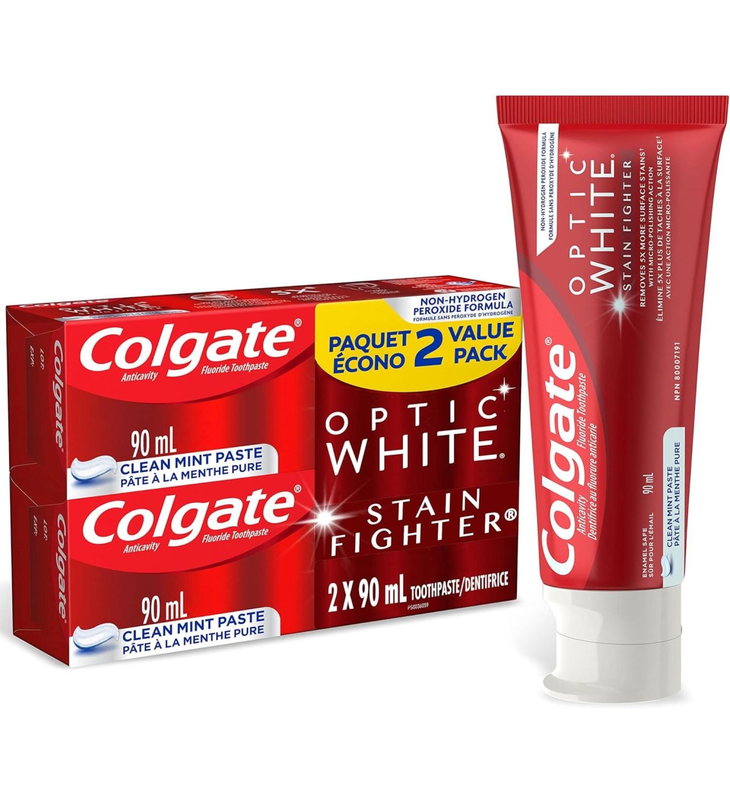 Colgate Optic White Stain Fighter Gel Toothpaste 90 mL 2 pack Clean Mint Paste 90 ml (Pack of 2) - Buy Online on GoSupps.com