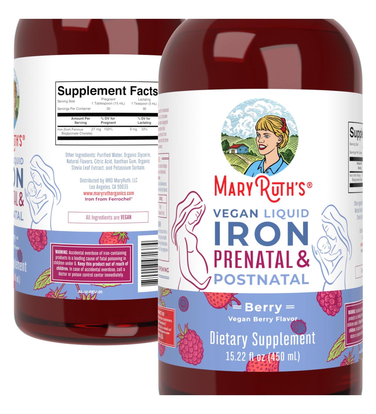 MaryRuth Organics Prenatal & Postnatal Liquid Iron Supplement - 15.22 Fl Oz Berry | Vegan, Non-GMO, Gluten/Sugar-Free, Immune Support - Buy Online on GoSupps.com