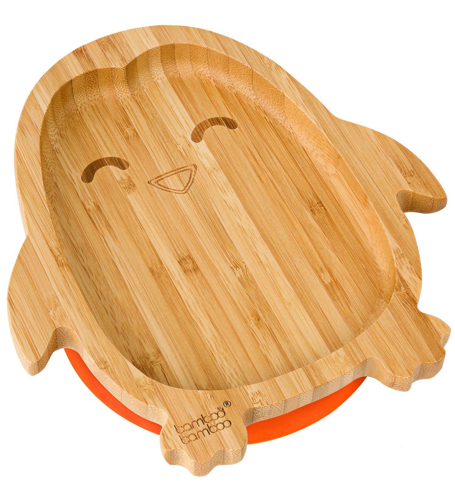 Bamboo Baby Plate with Suction Cup - Non-Toxic Penguin Orange Plate for Toddlers | Eco-Friendly Baby Food Solution - Buy Online on GoSupps.com