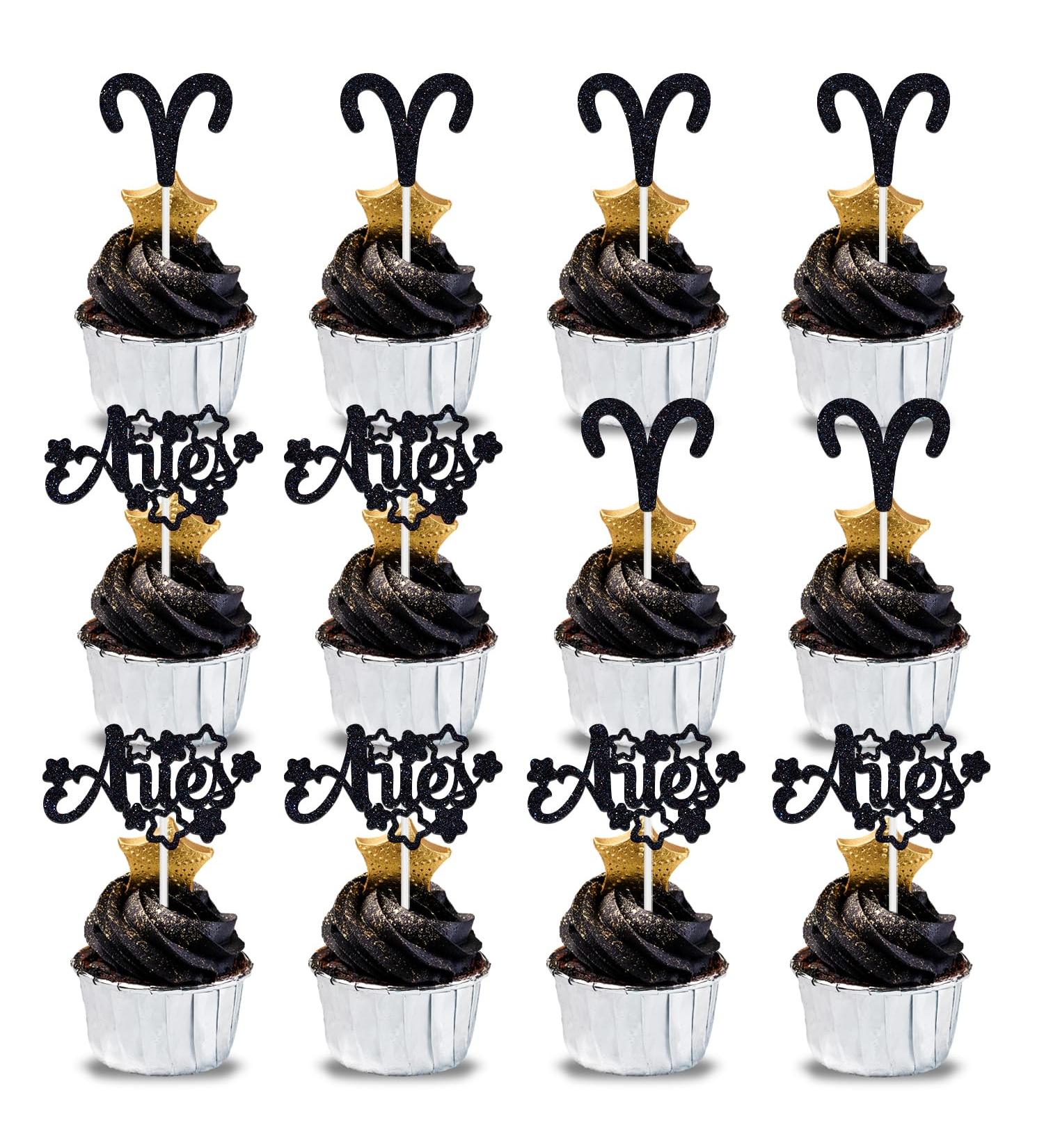 12Pcs Aries Cupcake Topper Big Aries Energy/Aries Season 12 Constellation March/April Birthday Cupcake Decoration Horoscope Astrology Birthday Party Supplies Black Glitter - Buy Online on GoSupps.com