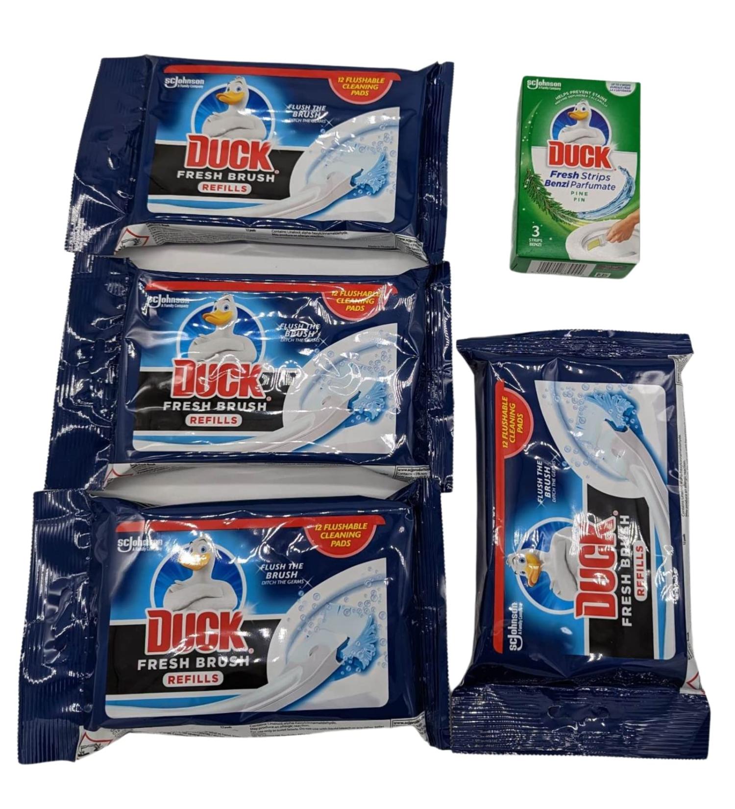 Toilet Cleaner Duck Bundle With 4x Duck Toilet Cleaner Fresh Brush Refills 12pads And Duck Pine Toilet Cleaner Fresh 3 Strips - Bathroom Cleaner Disposable Toilet Brush - Buy Online on GoSupps.com