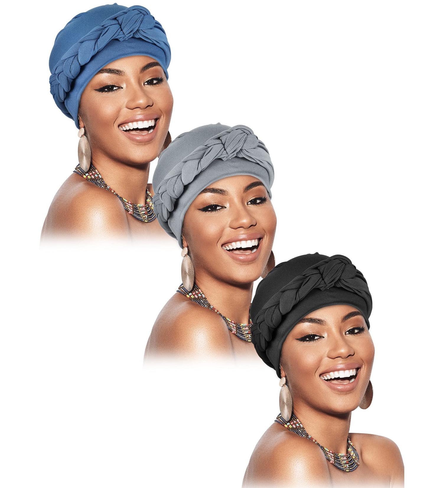 3-Piece Head Wrap Turban Set - Pre-Tied Twisted Braid Hair Cover, Headwrap Hats for Women & Girls in Black, Gray, and Light Blue - Classy Style - Buy Online on GoSupps.com