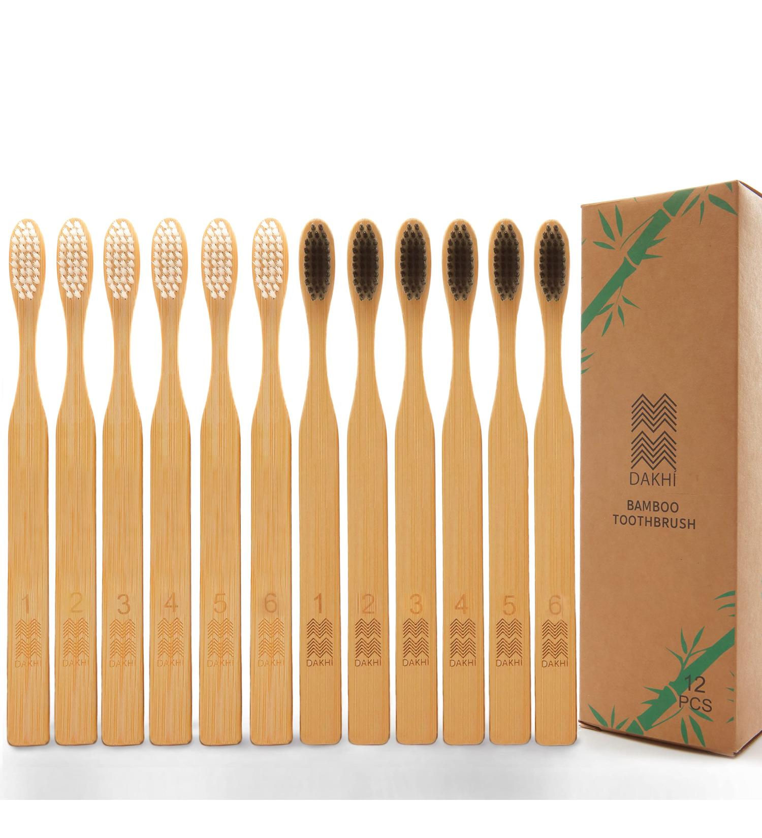 DAKHI Biodegradable Bamboo Toothbrushes (12 Pack) - Eco-Friendly & Compostable | BPA Free Soft Bristles | Wooden Handle Toothbrush Bulk - Buy Online on GoSupps.com