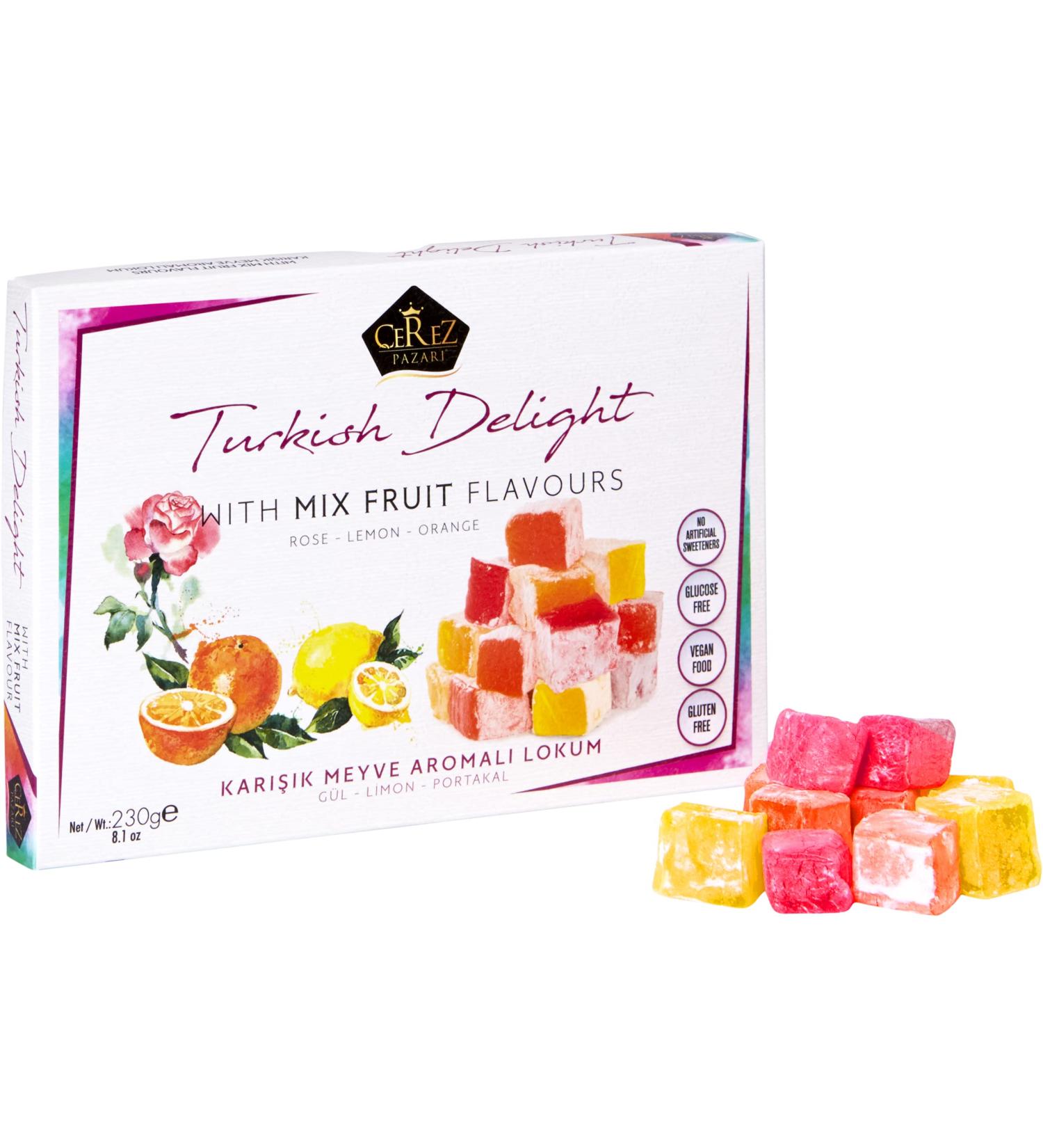Cerez Pazari Turkish Delight Gift Box | Rose, Orange, Lemon Mix Flavours | 8.1 Oz Gourmet Vegan Candy | Glucose-Free Lokum Dessert - Buy Online on GoSupps.com