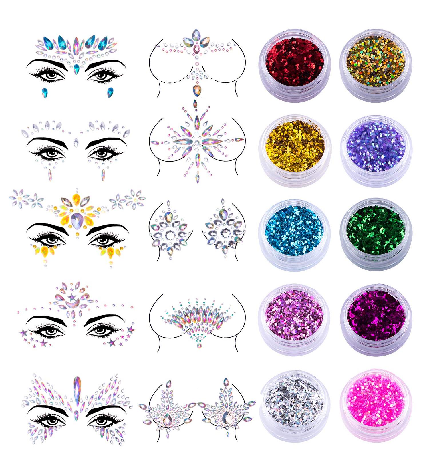 Siquk 10 Sets Mermaid Face Jewels and Chunky Glitter Combo - Perfect for Festival and Rave Parties - Buy Online on GoSupps.com