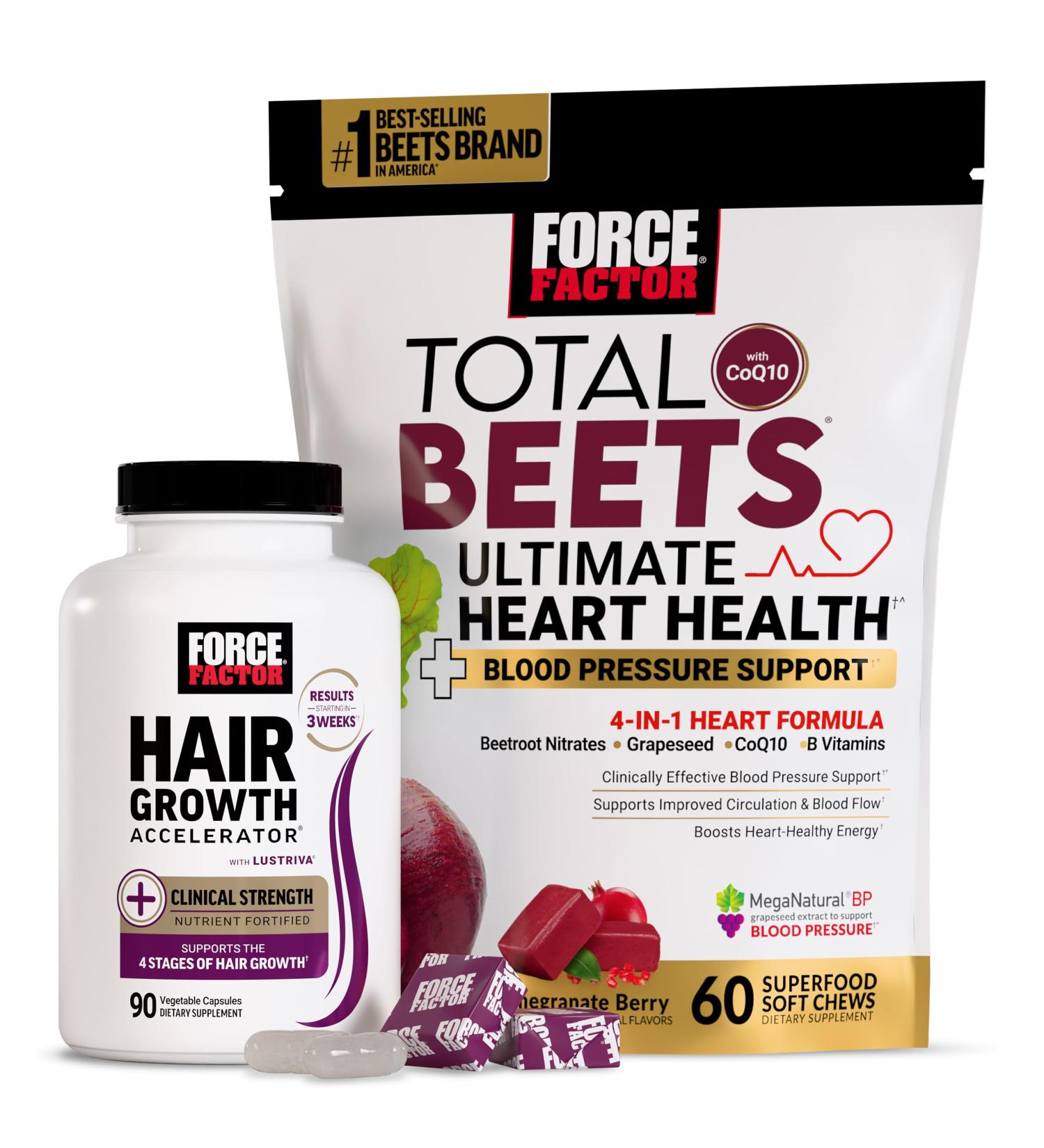 Force Factor Hair Growth Accelerator Capsules 90 Capsules + Total Beets Ultimate Heart Health Blood Pressure Support Pomegranate Berry 60 Soft Chews - Buy Online on GoSupps.com