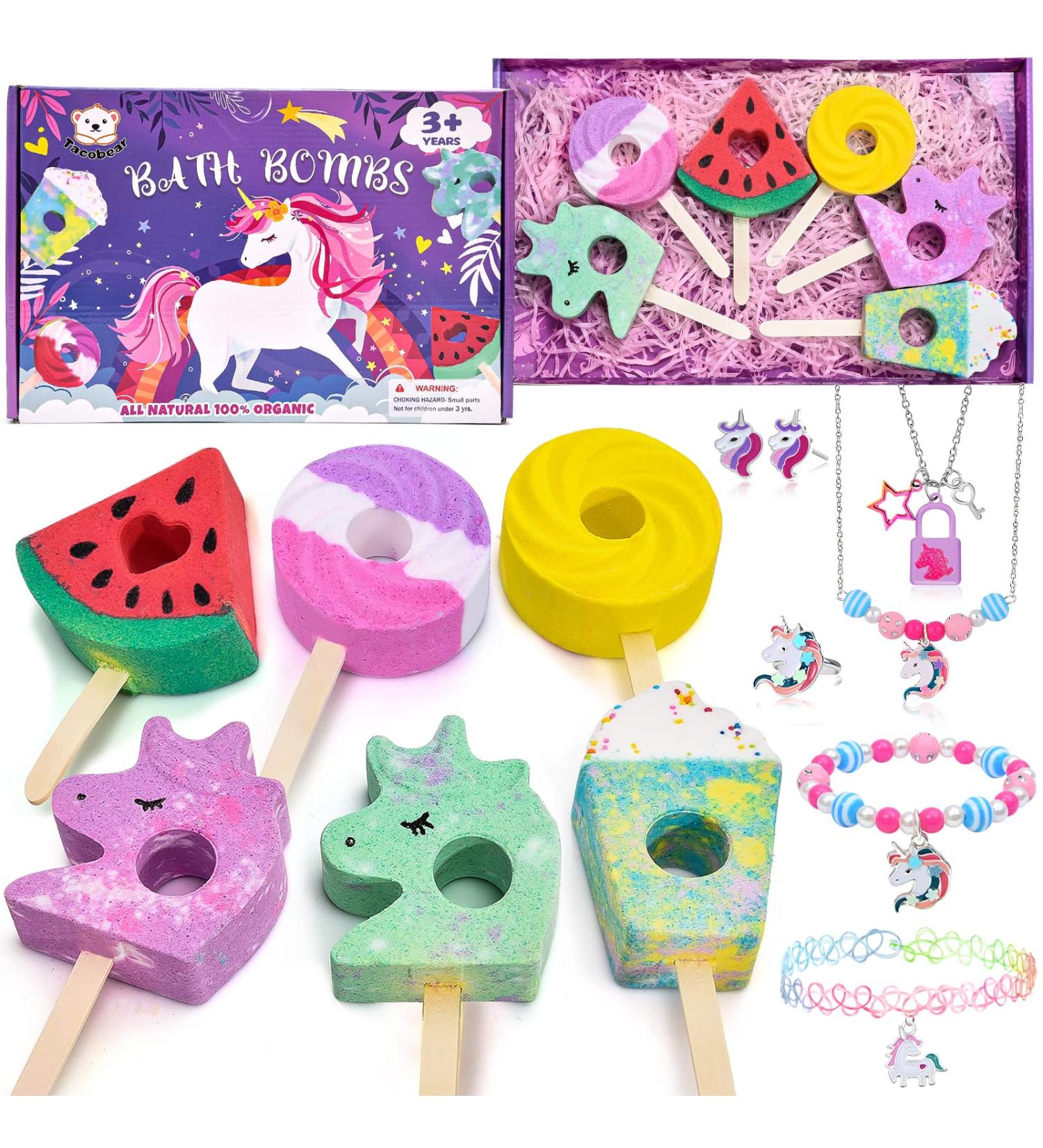 Tacobear Kids Bath Bombs for Girls with Unicorn Jewelry Toys - Organic Handmade Bubble Bath Fizz Spa Set for Birthday & Children's Day Gifts - Buy Online on GoSupps.com