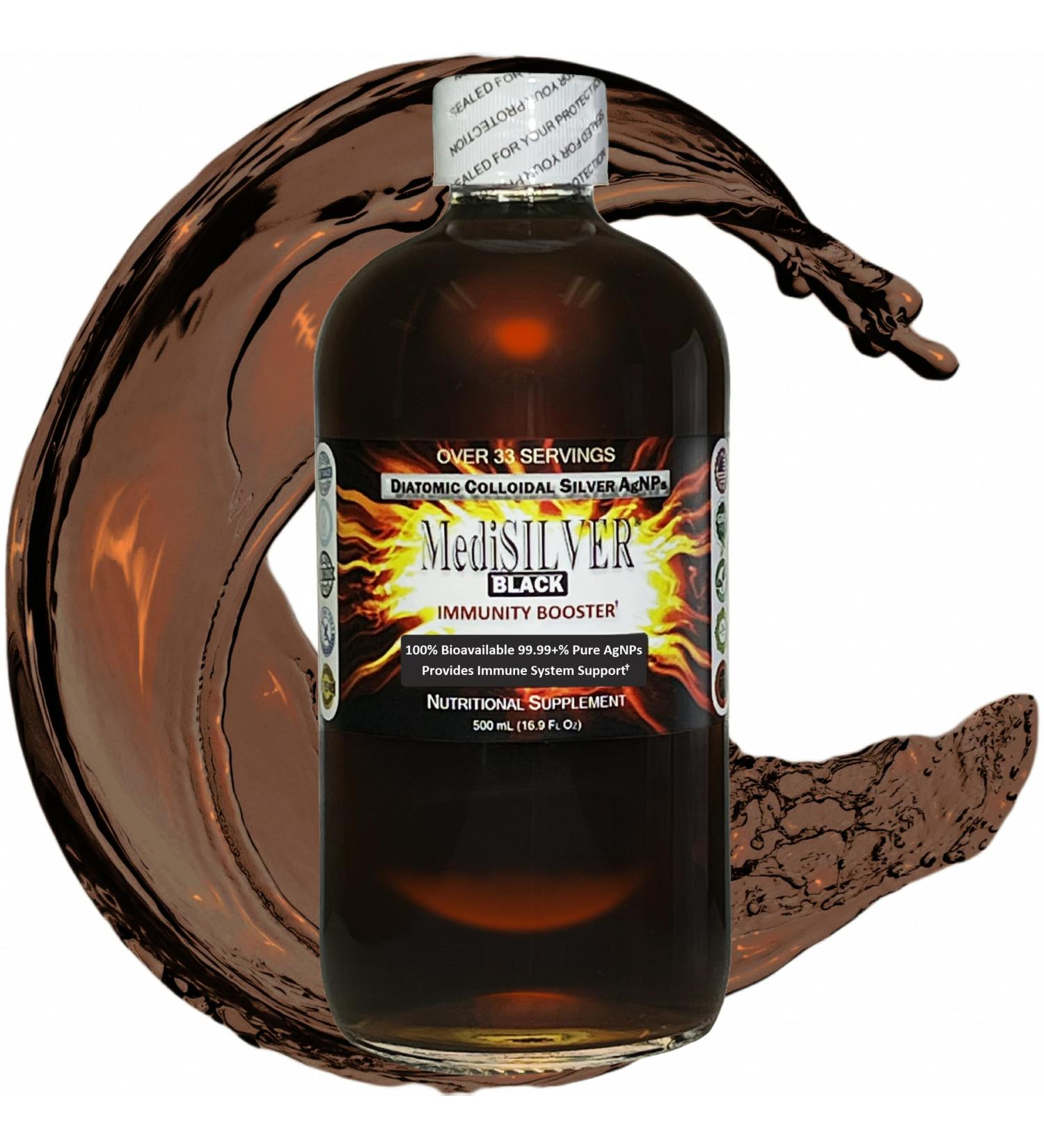 MediSILVER Black Immunity Booster Diatomic True Colloidal Silver AgNP Nutrient - 500 mL in Clear Glass Bottle - Buy Online on GoSupps.com