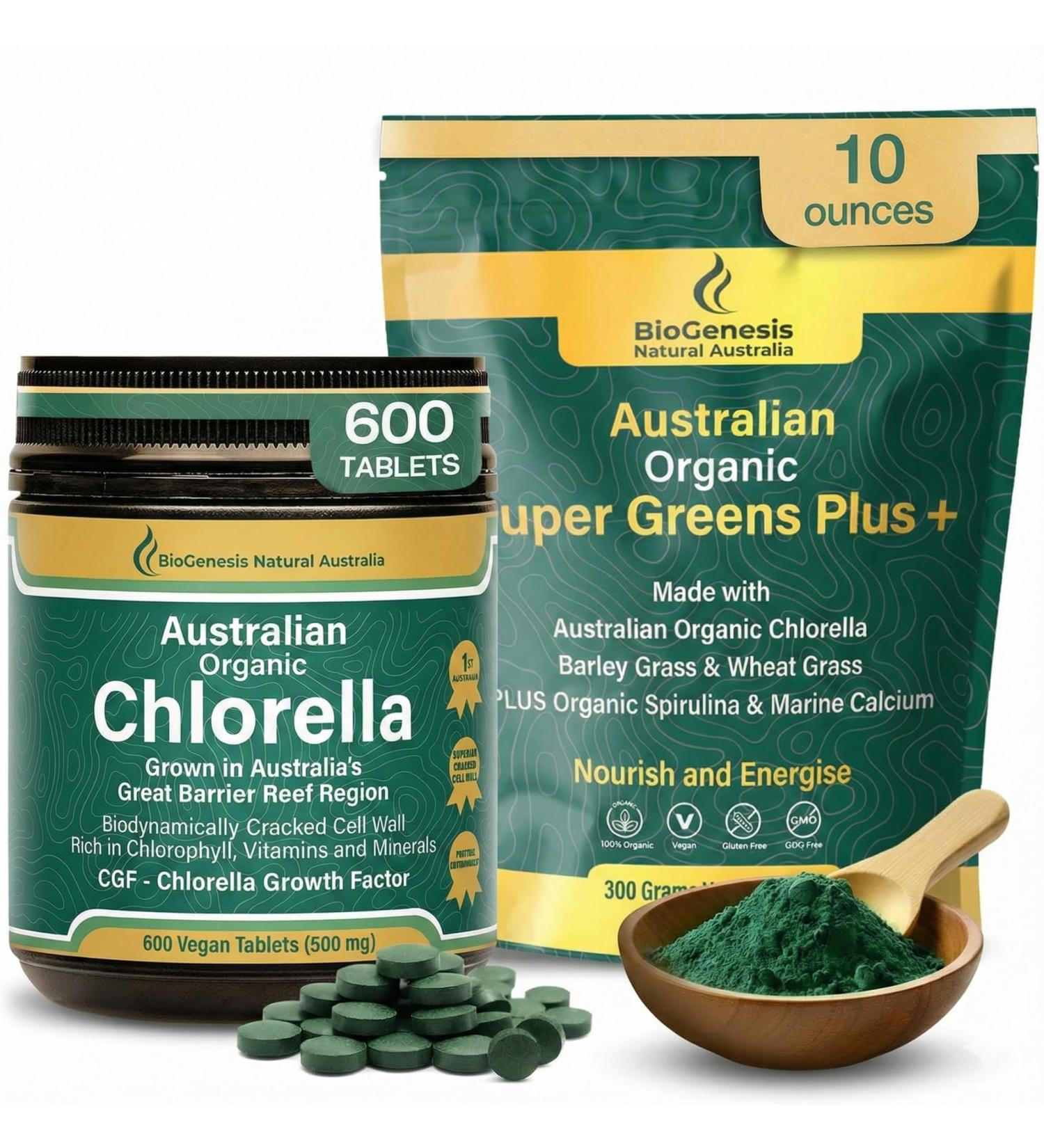 Biogenesis Australian Grown Organic Greens Bundle Chlorella 500mg Tablets (600 Ct) + SuperGreens Powder (300g) BioDynamic Cracked Cell Wall & Nutrient Rich Superfood Mix Supports Energy Detox & - Buy Online on GoSupps.com