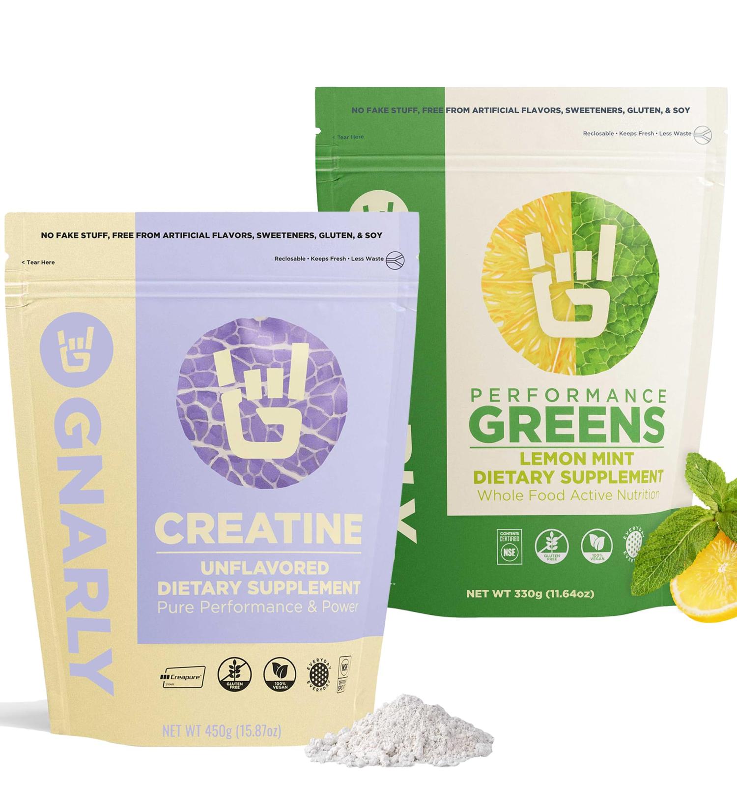 Gnarly Nutrition Creatine Powder Unflavored (16.05oz) and Gnarly Performance Greens Lemon Mint (11.64 oz) - Buy Online on GoSupps.com