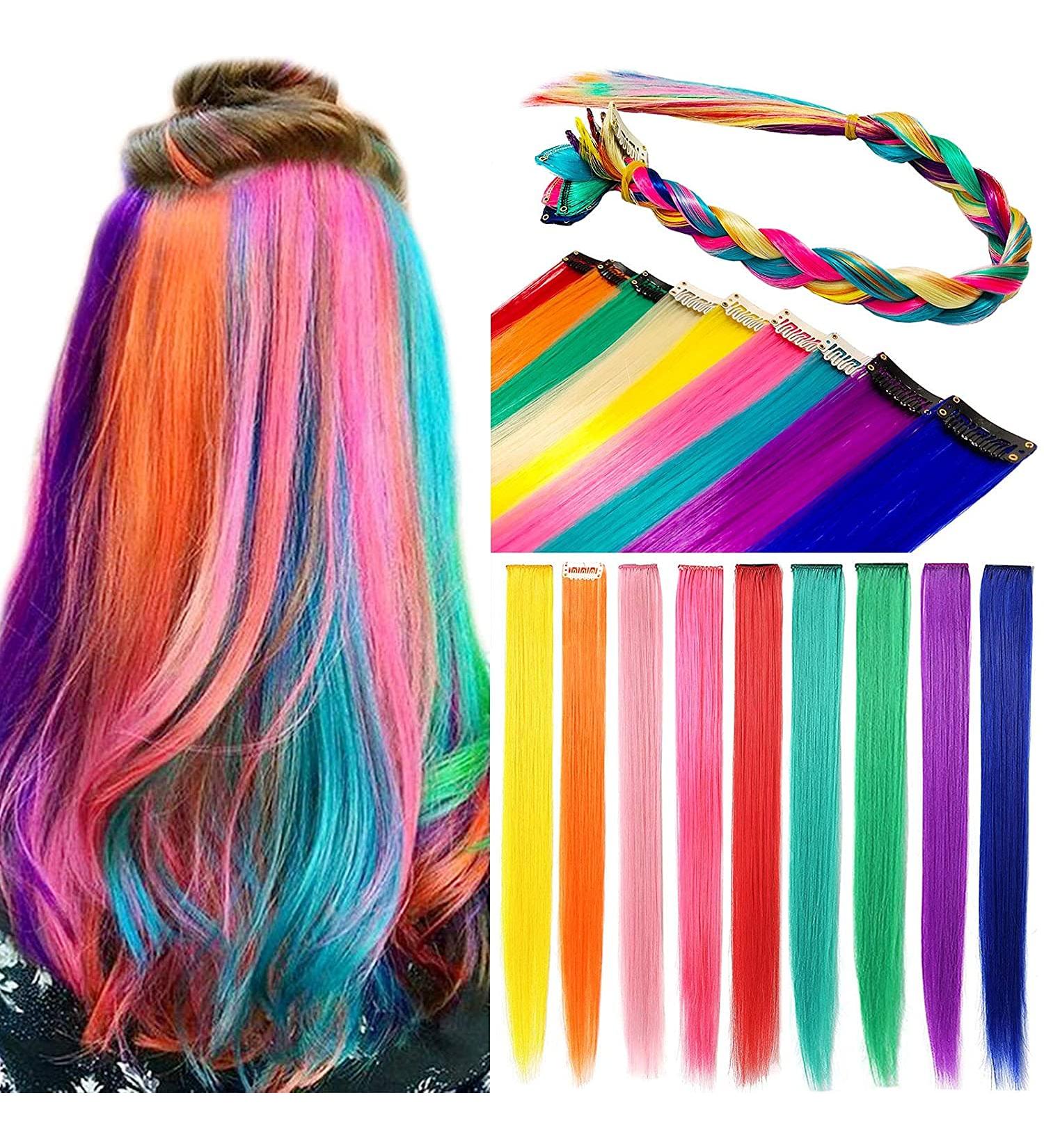 Zhaowei 9-Piece Multi-Color Clip-In Hair Extensions | Princess Rainbow Highlights Synthetic Hair for Parties - Buy Online on GoSupps.com