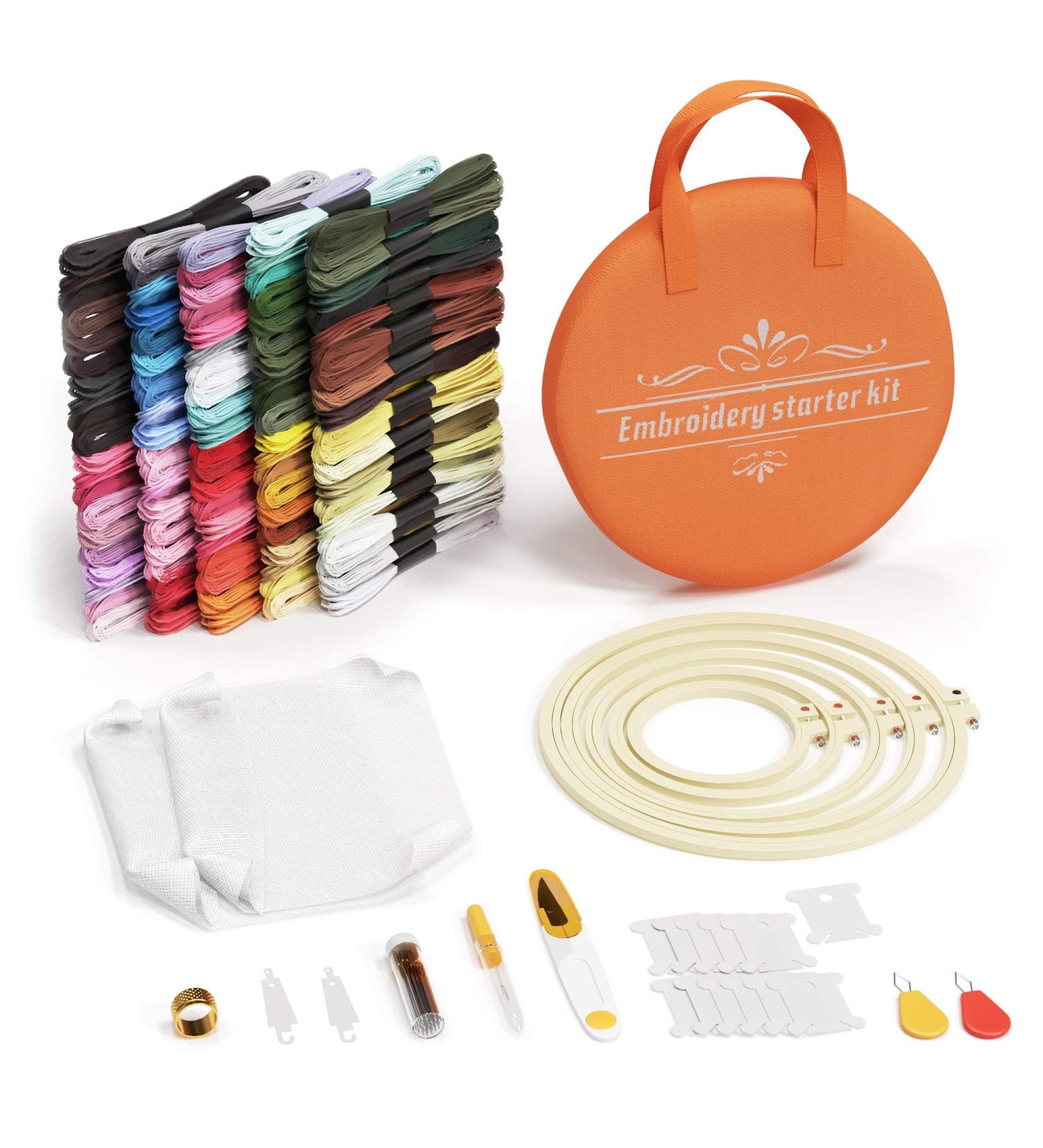 Embroidery Starter Kit with 5 Hoops, 100 Color Threads, Aida Cloths, Sewing Tool Bag - Beginner's Embroidery Set - Buy Online on GoSupps.com