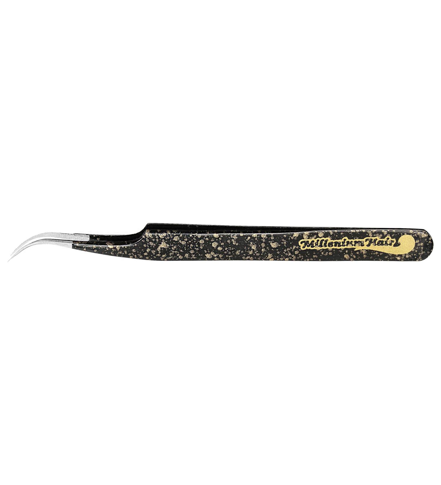 MilleniumHair eyelash tweezers curved for eyelash extension (black-gold)