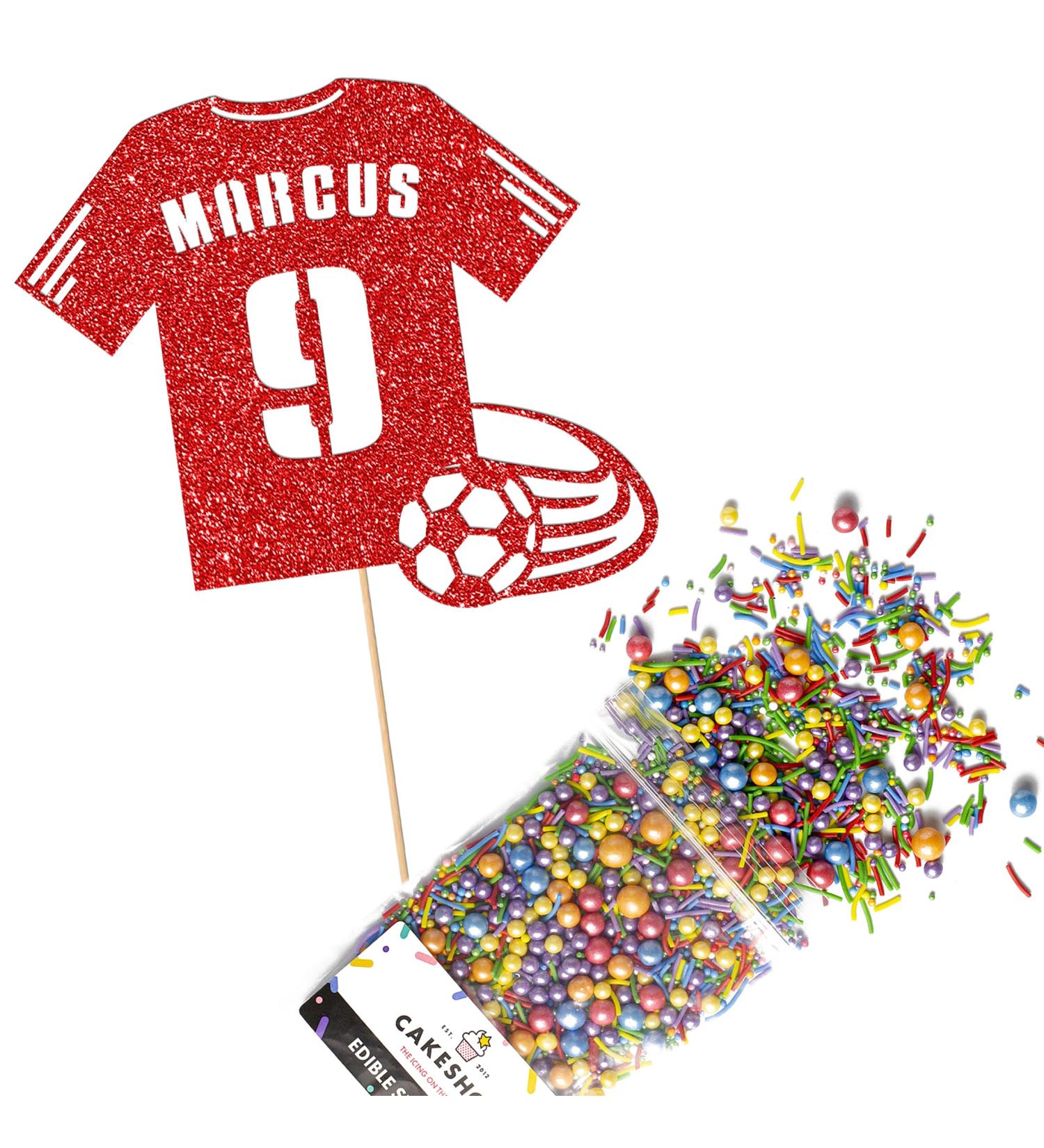 Cakeshop Cake Decoration Pack | Football Shirt Birthday Premium Double Sided Glitter Card Cake Topper & 25g Party Pack of Cake Sugar Sprinkles | Custom Name & Age Cake Decoration (Red) Non-Prime Glitter Card: Red - Buy Online on GoSupps.com