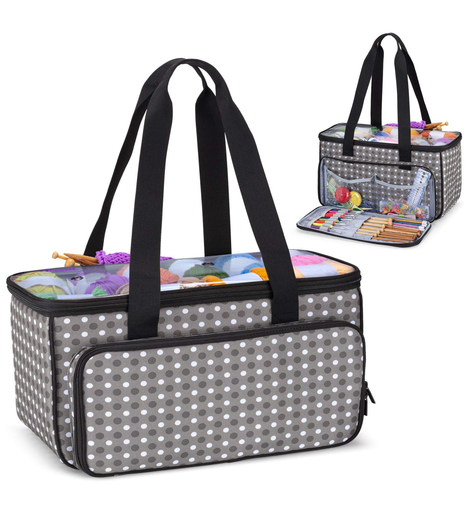 YARWO Knitting Yarn Bag - Gray Dots - Crochet Tote with Pocket for WIP Projects - Fits 14 Knitting Needles and Yarn Skeins - Bag Only - Buy Online on GoSupps.com