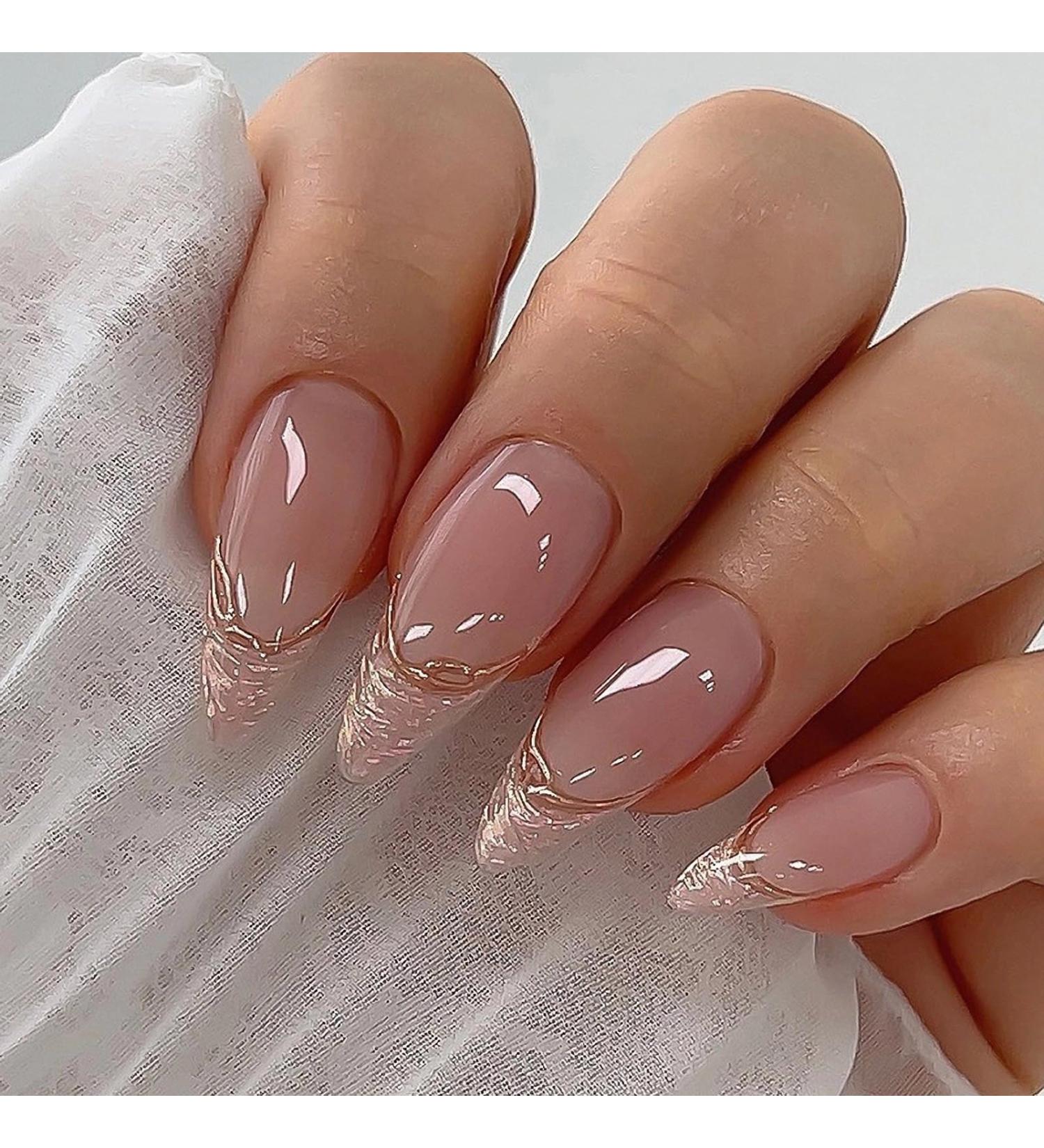 Buy MISUD Almond Press on Nails - Medium Stiletto Glossy Chrome Acrylic Bling French Tip - 24 pcs Nude Pink | International Shipping Available - Buy Online on GoSupps.com