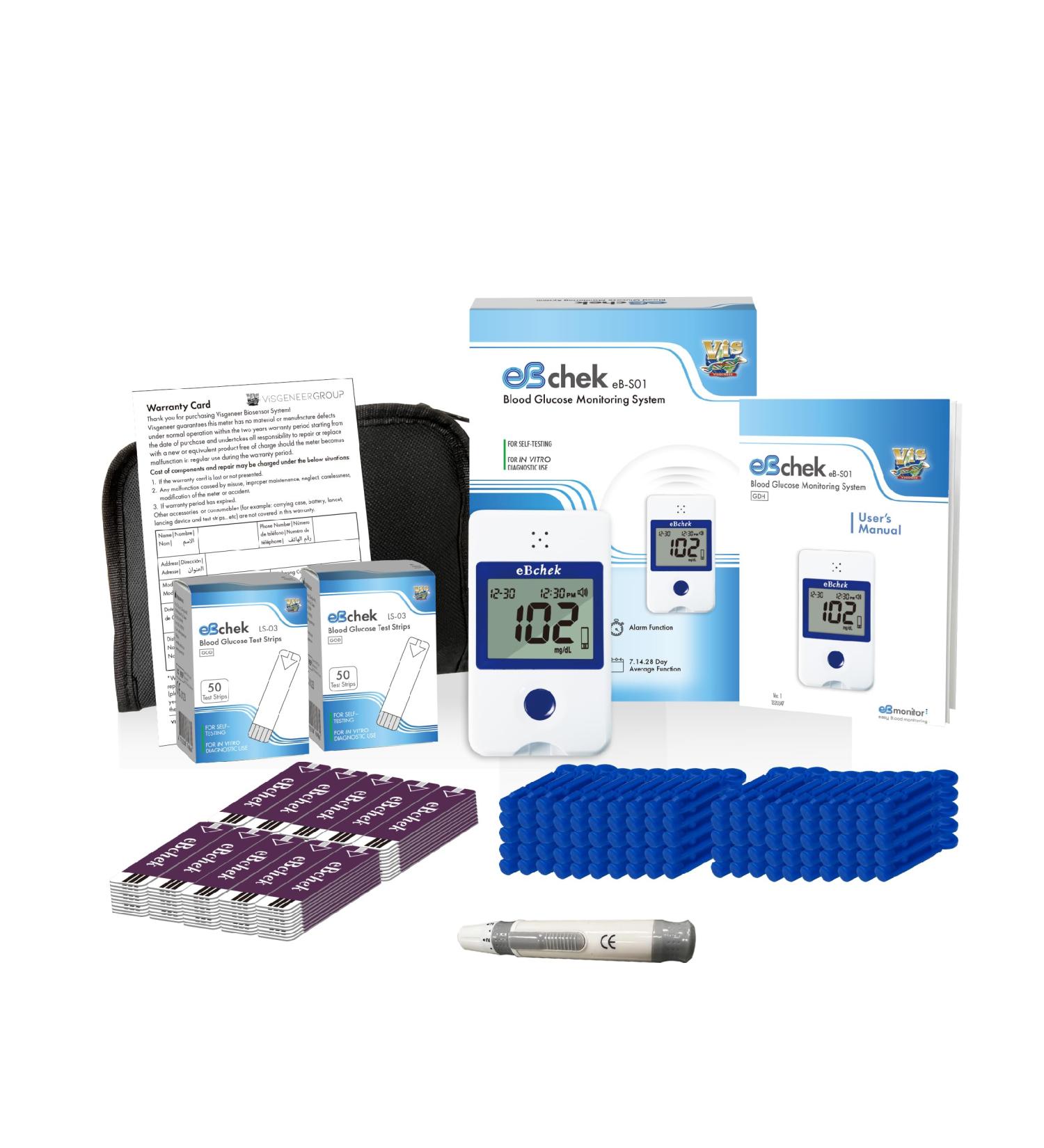 eBchek Blood Glucose Meter System - Multi-Lingual Voice No Coding 100 Test Strips & Lancets - Accurate Diabetes Monitoring & Blood Sugar Test Kit - Buy Online on GoSupps.com