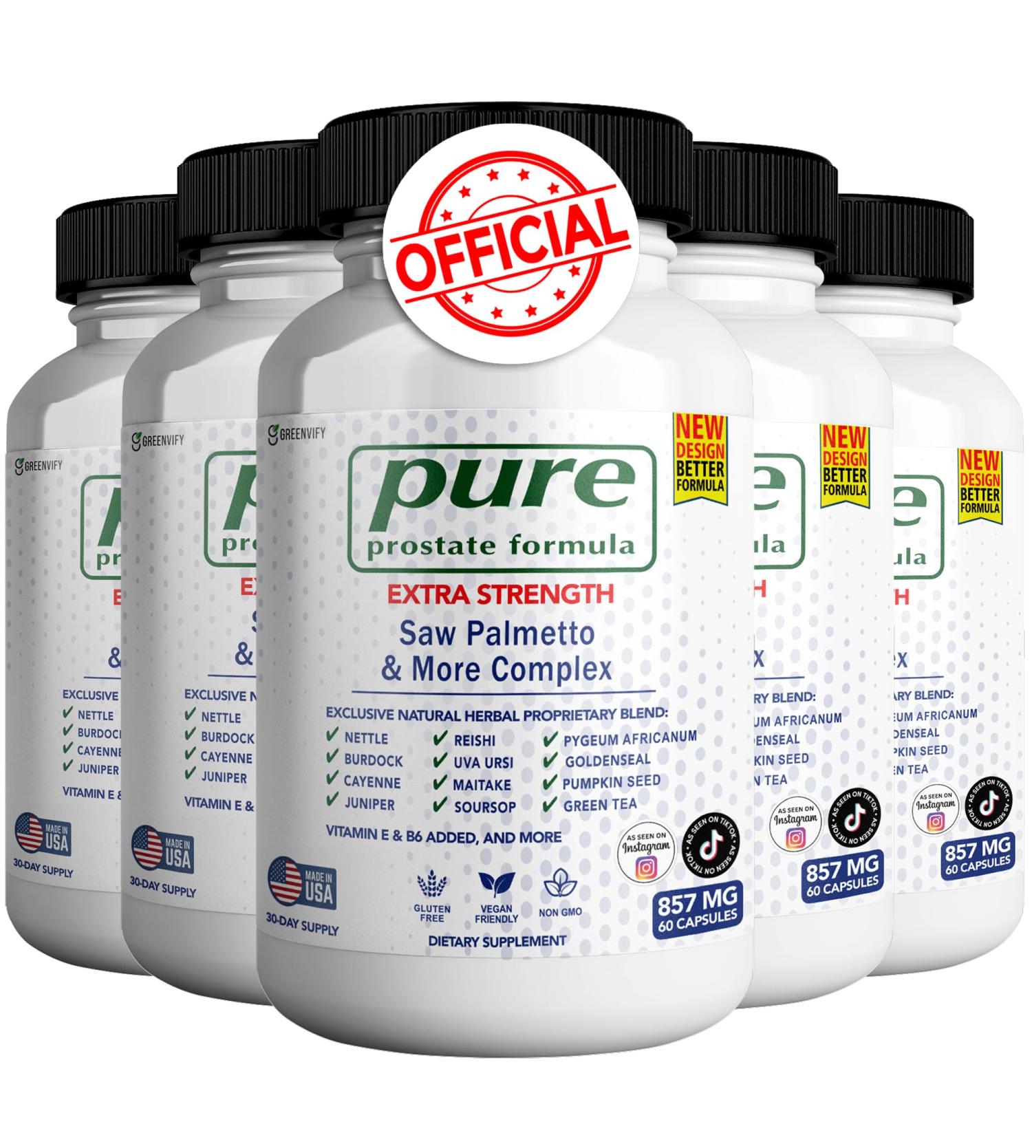 GREENVIFY Pure Prostate Formula Saw Palmetto & More Complex 857 mg Prostate Supplements for Men Capsules Health Supplements - Maximum Strength All Natural to Support Normal & Healthy Function (5) - Buy Online on GoSupps.com
