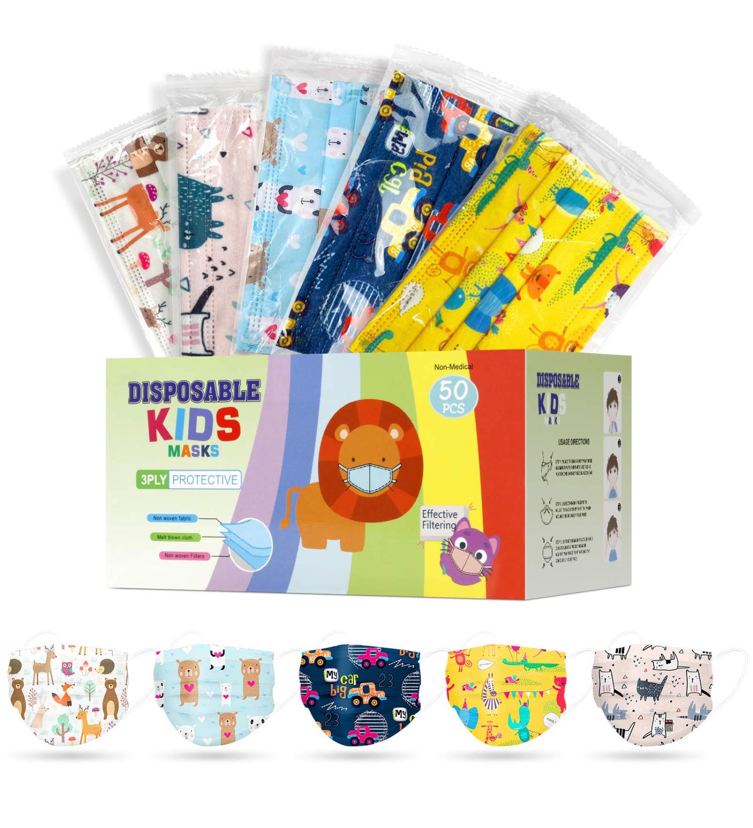VINMEN Kids Disposable Face Masks - 50 Individually Wrapped Children's Masks in Multicolours for Protection - Buy Online on GoSupps.com