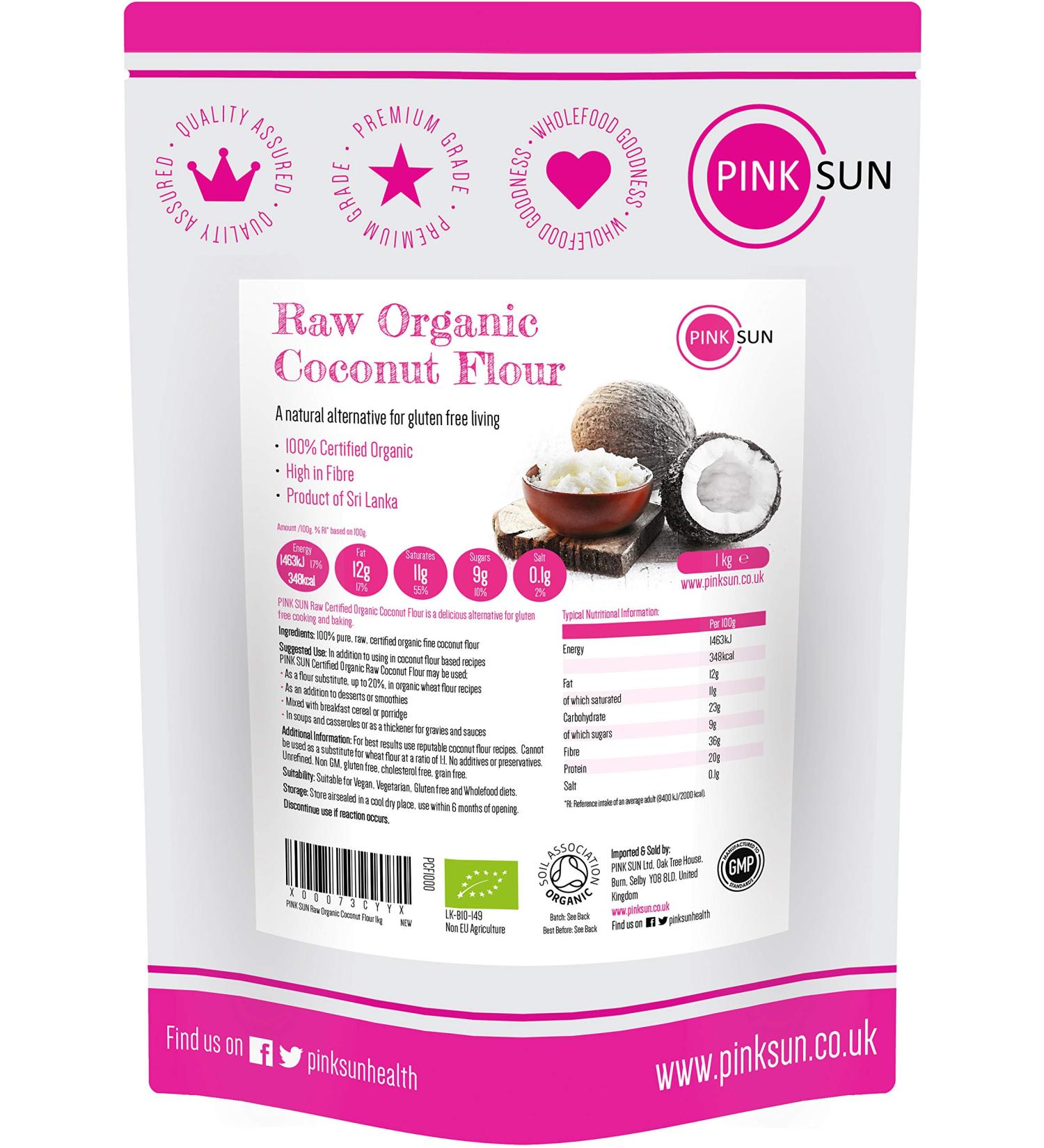 PINK SUN Raw Organic Coconut Flour - Gluten Free Baking Flour for High Fiber Bread Making - 1kg Pack (2kg, 3kg, 5kg Available) - Vegan & Non-GMO - Buy Online on GoSupps.com