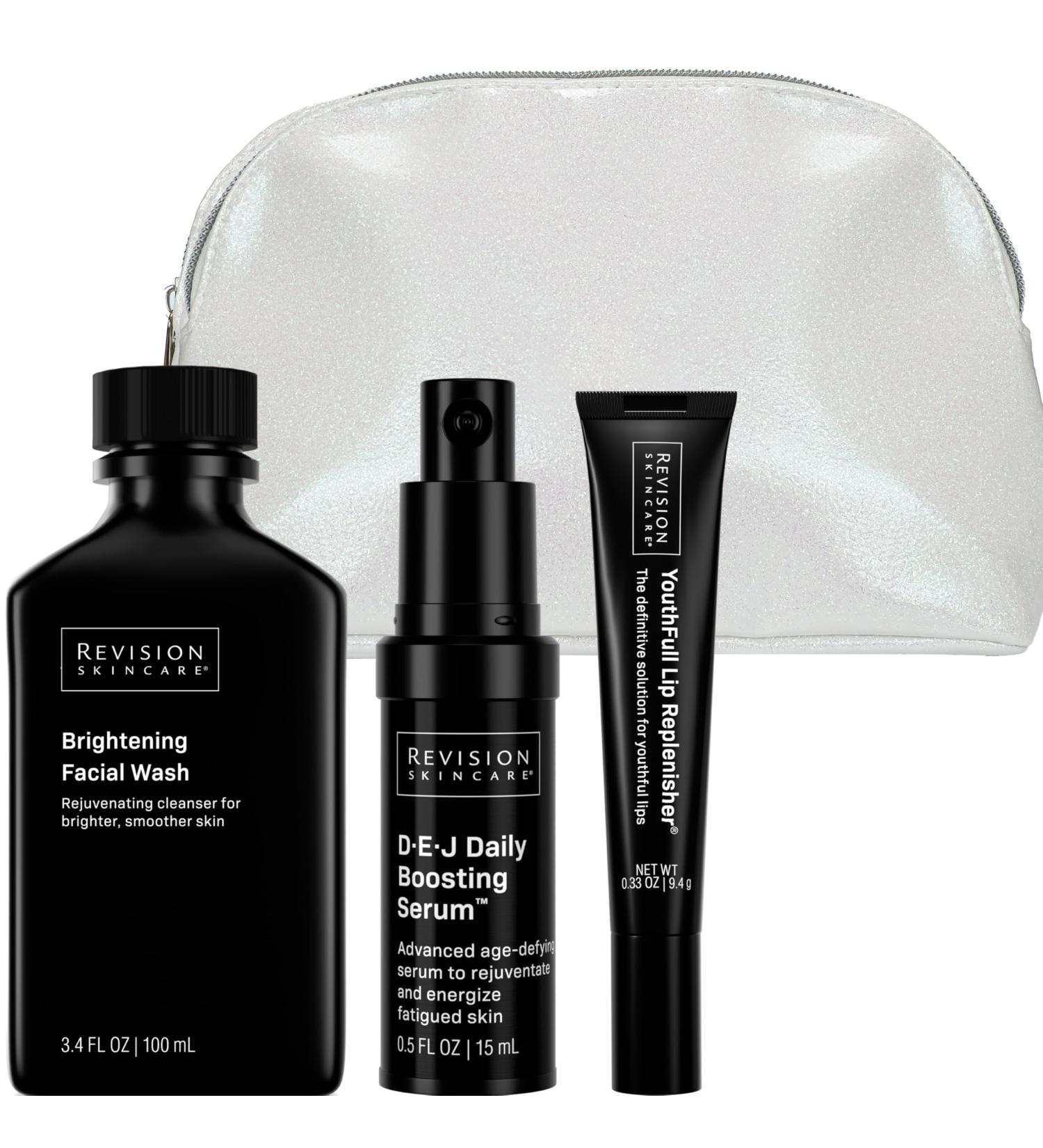 Revision Skincare Glow Essentials Gift Set: Anti Aging DEJ Daily Boosting Serum Youthfull Lip Replenisher Lip Plumper with Hyaluronic Acid Brightening Face Wash & Cosmetic Bag - Buy Online on GoSupps.com