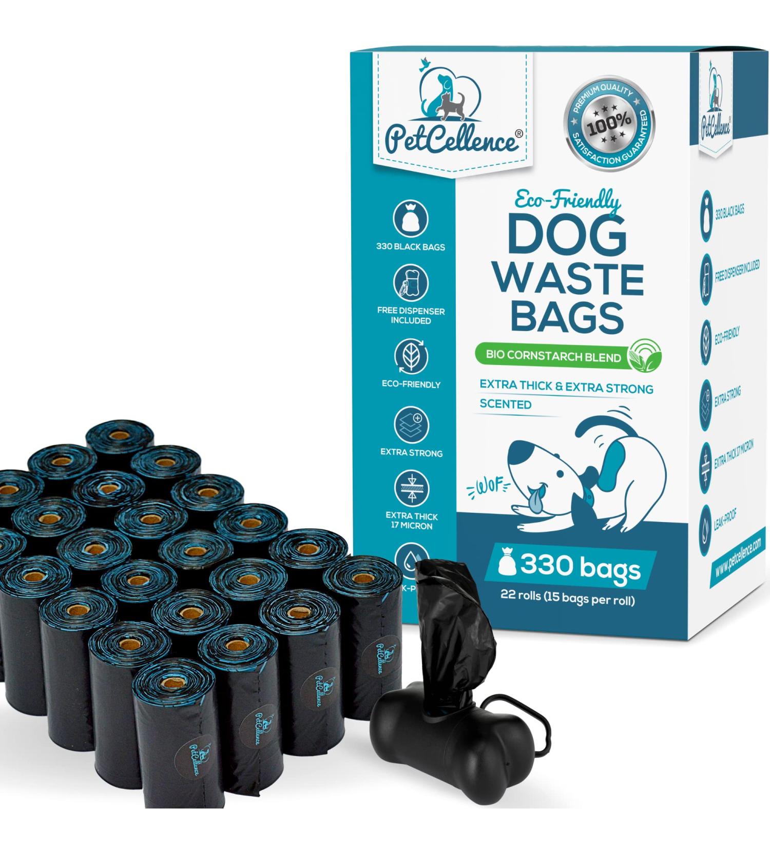 PetCellence Biodegradable Dog Poo Bags - 330 Poop Bags / 22 Rolls - Cornstarch Blend Extra Thick & Strong 100% Leak Proof with Poo Bag Dispenser Black 330 count (Pack of 1) - Buy Online on GoSupps.com