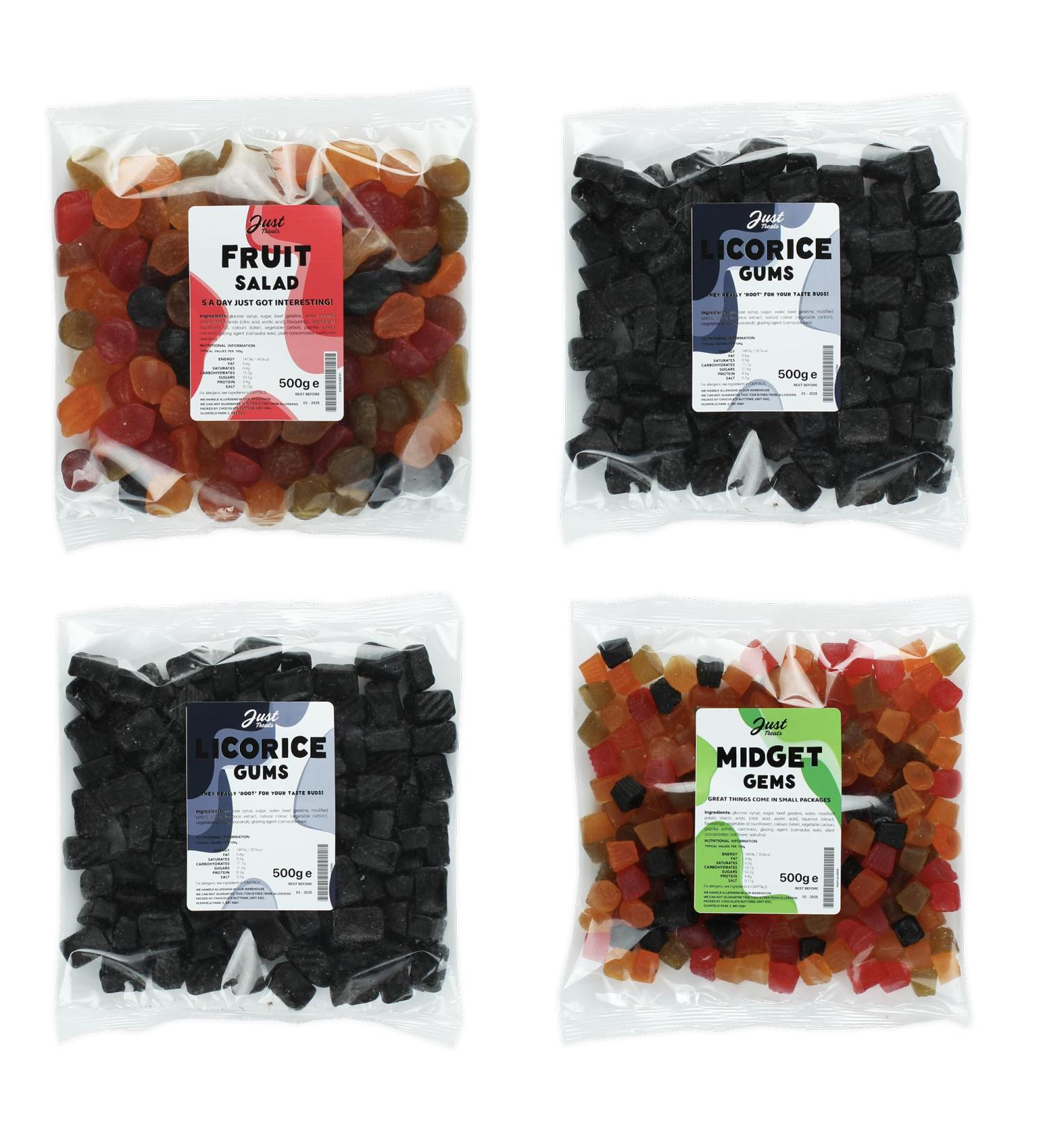 Lion Original Gums The Dark Delight Assortment - Fruit Salad 2 x Liqorice Gums Midget Gems (4 x 500g Bags) - 2 3 3 4 - Buy Online on GoSupps.com