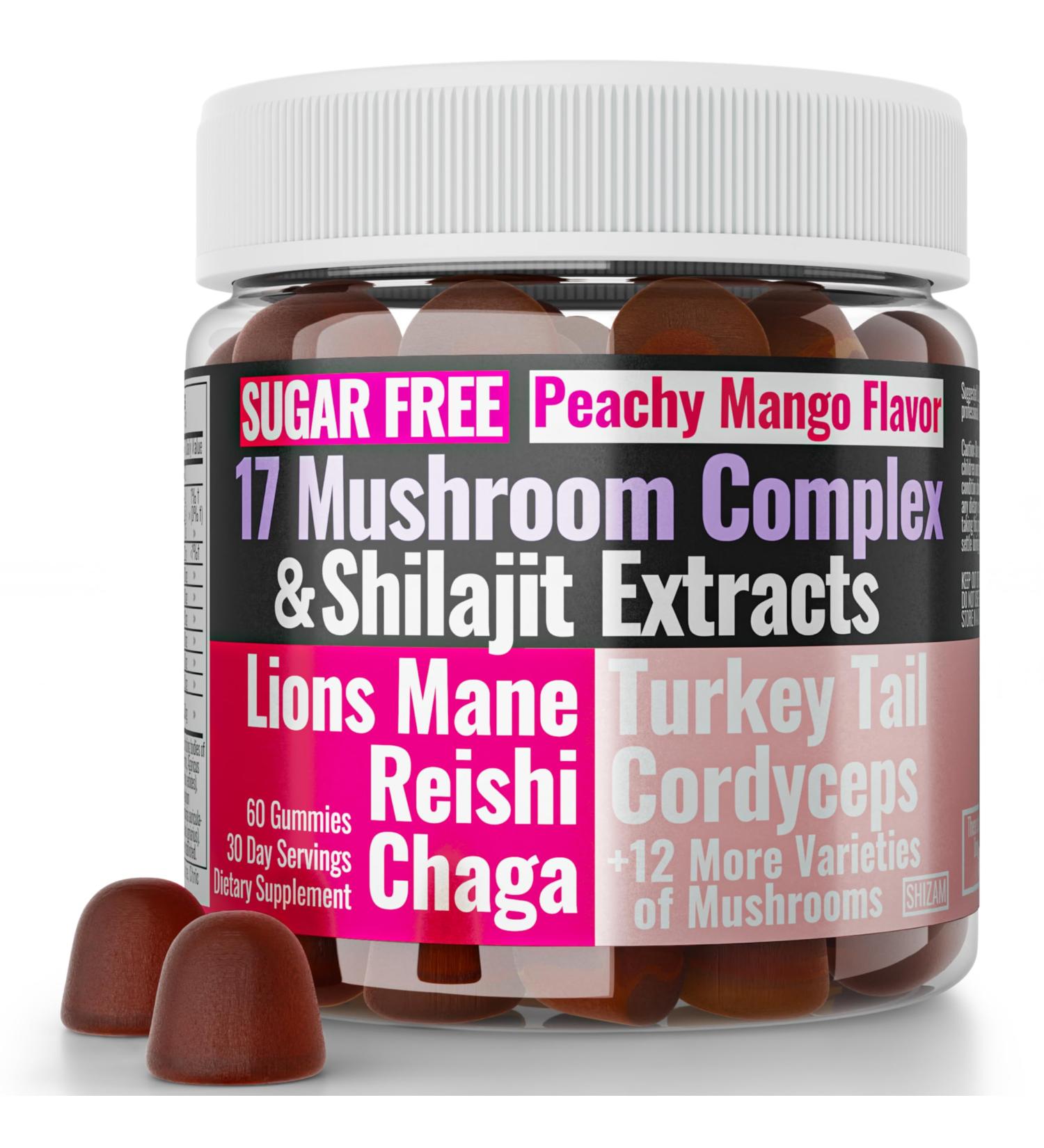 Sugar-Free Shilajit Mushroom Complex Gummies Mushrooms Extract w. Lion's Lions Mane Reishi Turkey-Tail Cordyceps Shiitake Chaga Maitake Lionsmane Tincture Tea Powder Capsules Supplement Organic - Buy Online on GoSupps.com