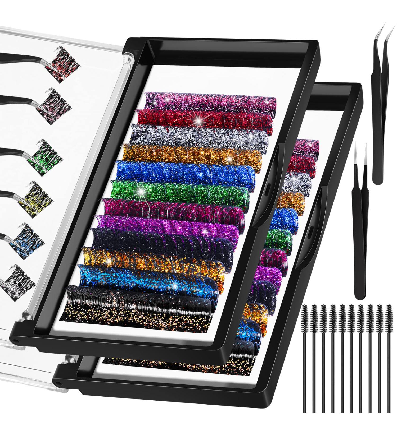 12 Colored Glitter Lash Extensions Fan Volume Individual Lashes Set - Christmas Gift, 14-19mm 0.18D - 2 Packs with Brushes & Tweezers - Buy Online on GoSupps.com