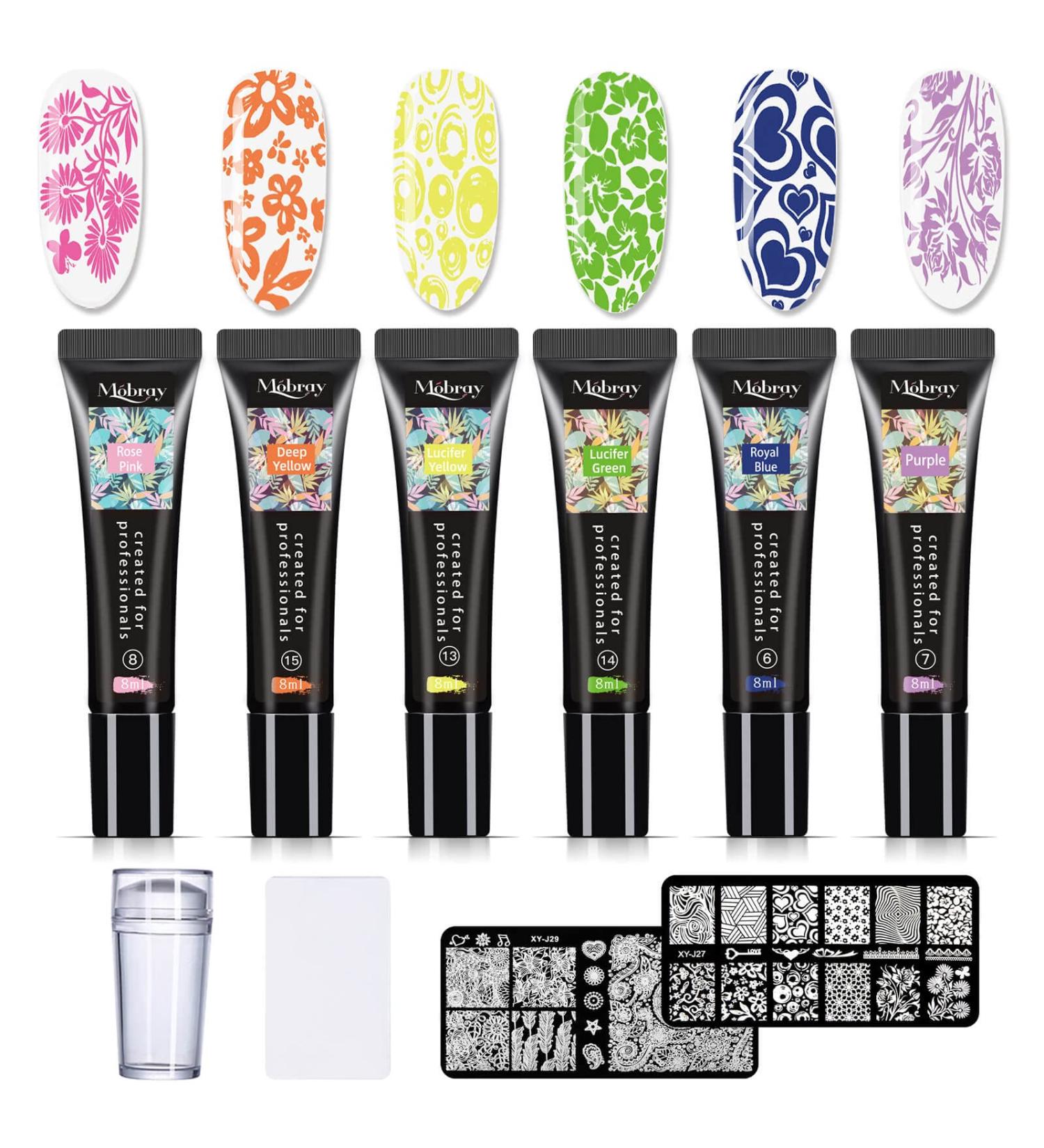 Mobray Nail Stamping Polish Gel Set - 6 Colors 8ml each with Scraper Tool for Women and Girls - Nail Art Design Kit in Blue, Purple, Orange, Green, Pink, Yellow - Buy Online on GoSupps.com