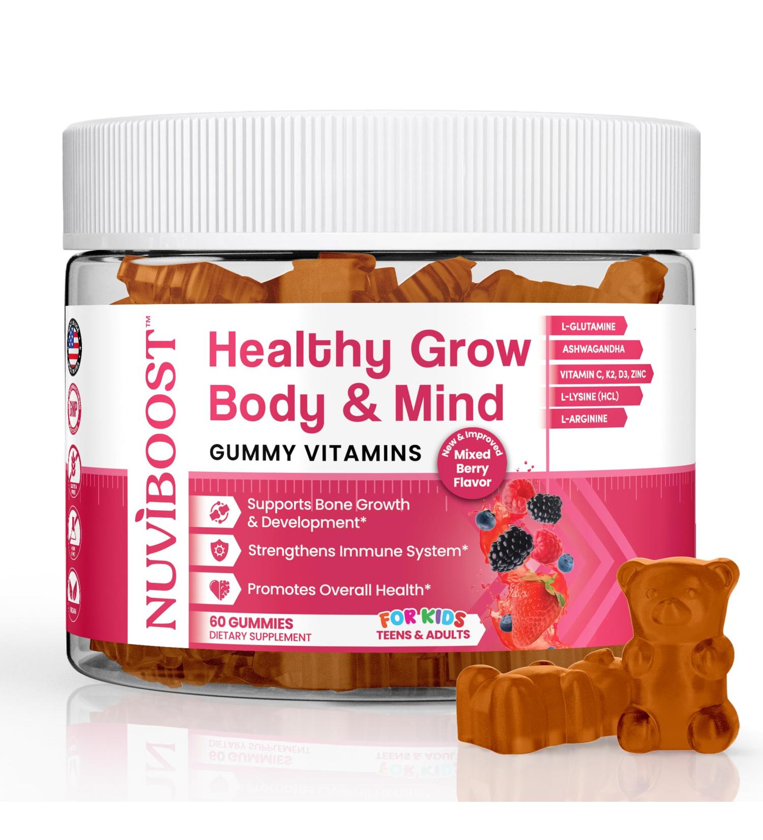 NUVIBOOST Healthy Grow Height Growth Gummies Rich in Calcium Vitamins C D3 K2 L-Arginine Ashwagandha and Others Boost Bone Health & Immunity Multivitamin for Kids 5+ Teens and Adults. - Buy Online on GoSupps.com
