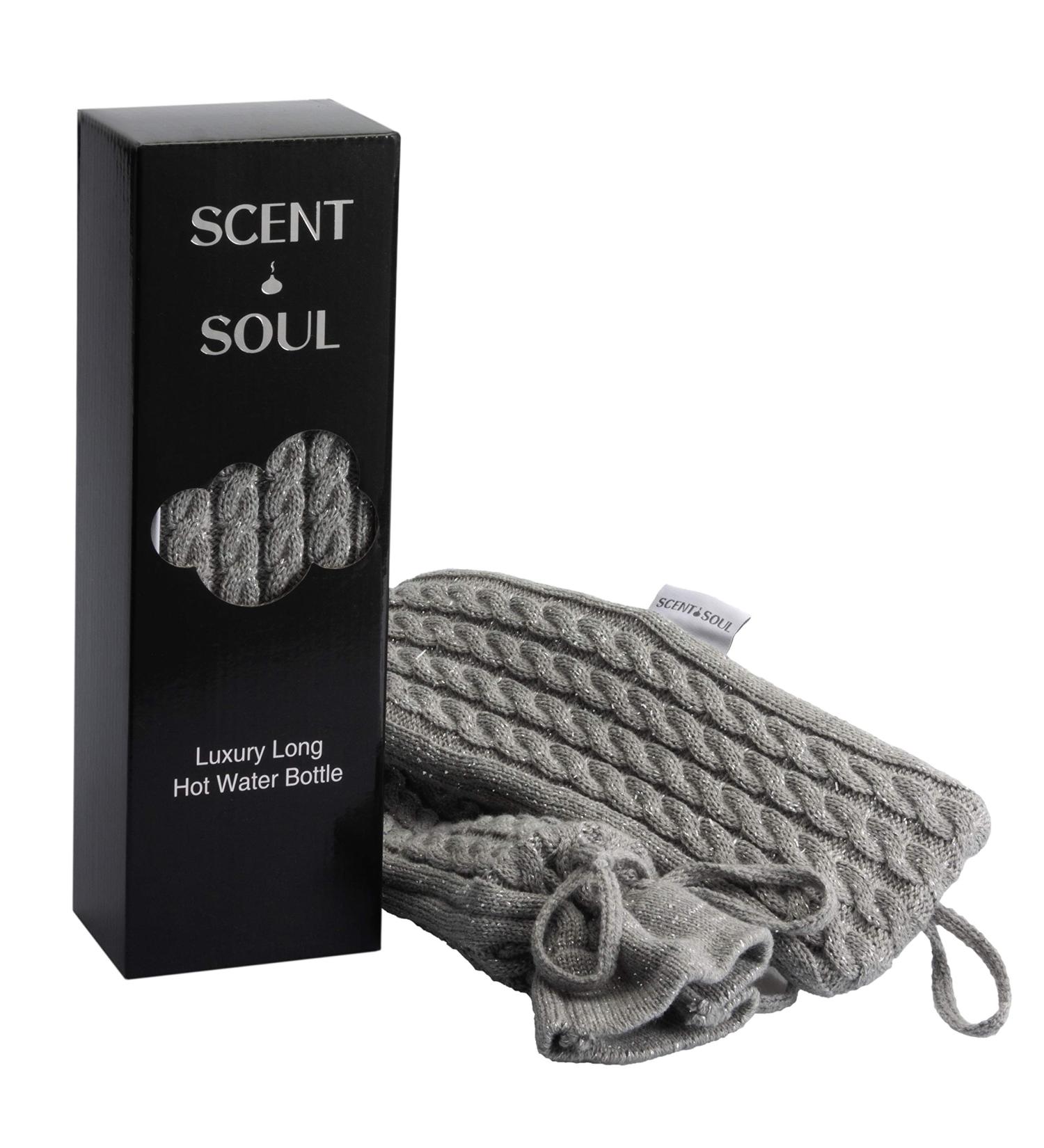 Scent and Soul Luxury Long Hot Water Bottle | Super Soft Cover | Natural Rubber | BPA Free | Pain Relief for Aches and Injuries | Knitted Grey - Buy Online on GoSupps.com
