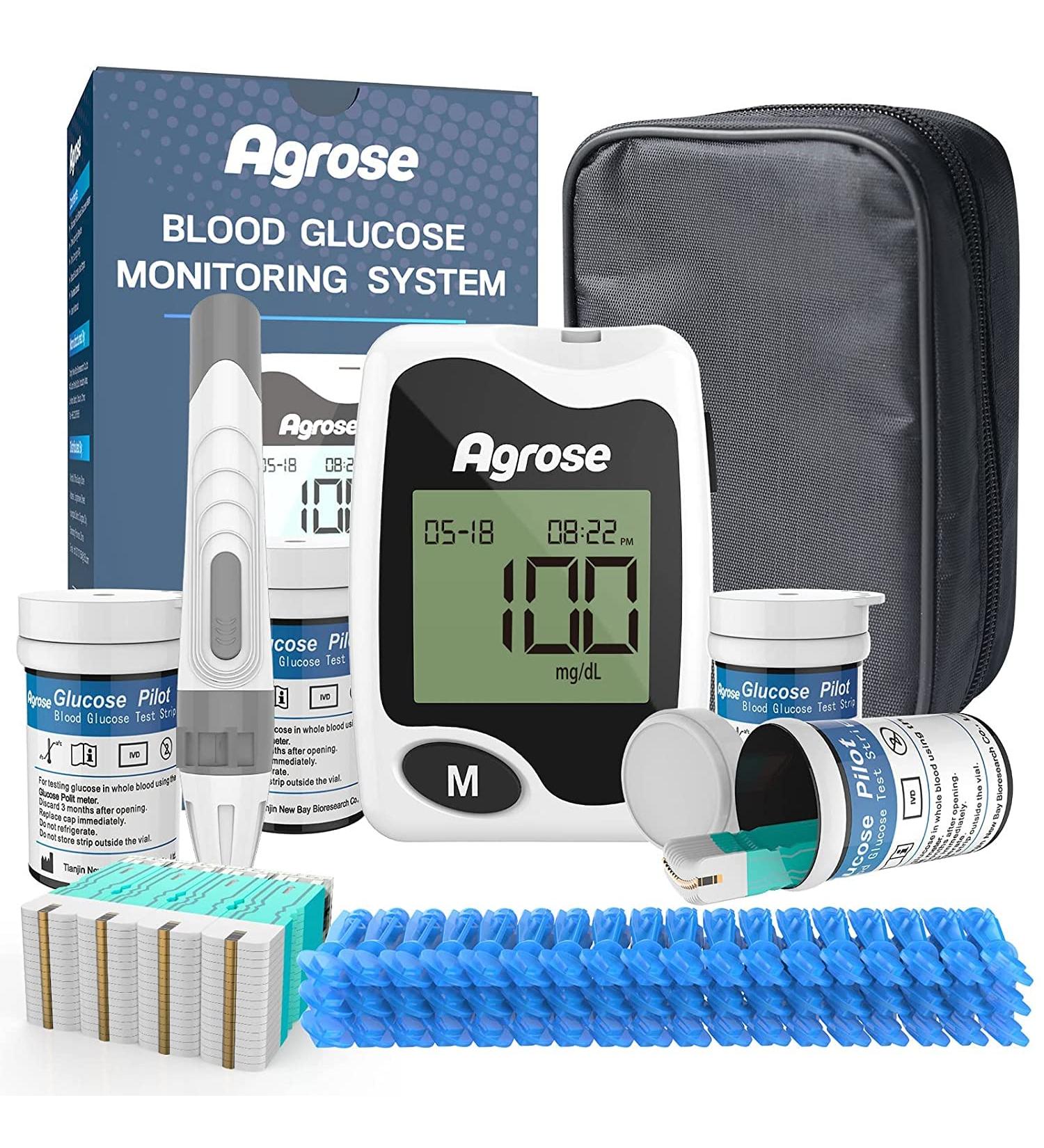 Agrose Blood Glucose Monitor Kit | 50 Test Strips, 50 Lancets, Continuous Testing Meter for Diabetes Management - Buy Online on GoSupps.com