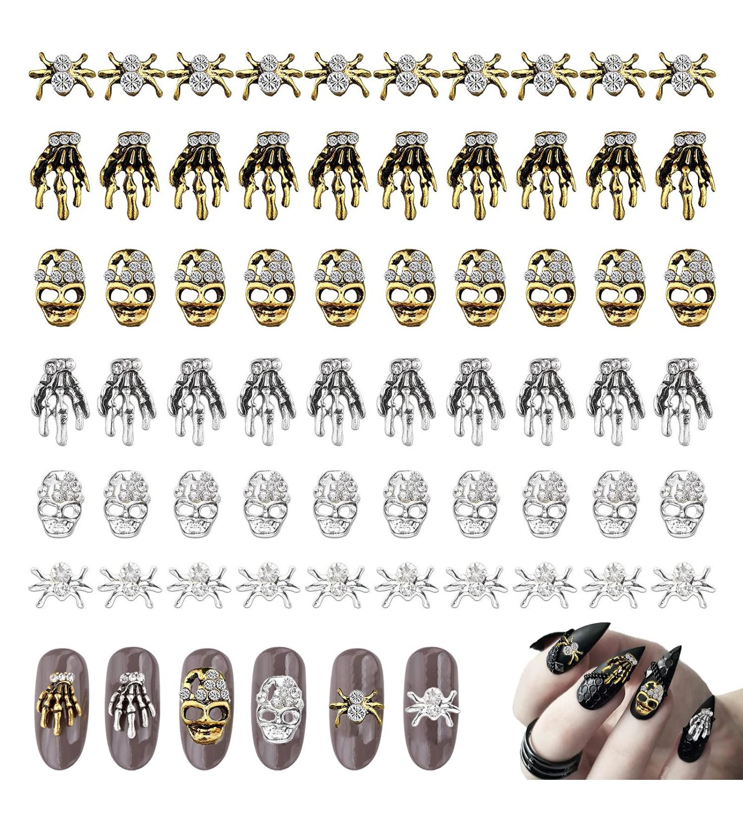 60 Pcs 3D Halloween Nail Art Charms with Skull Spider & Rhinestones - Vintage Skeleton Hand Alloy Nail Jewelry Decoration in Gold & Silver for DIY Nail Crafts - Pattern 1 - Buy Online on GoSupps.com
