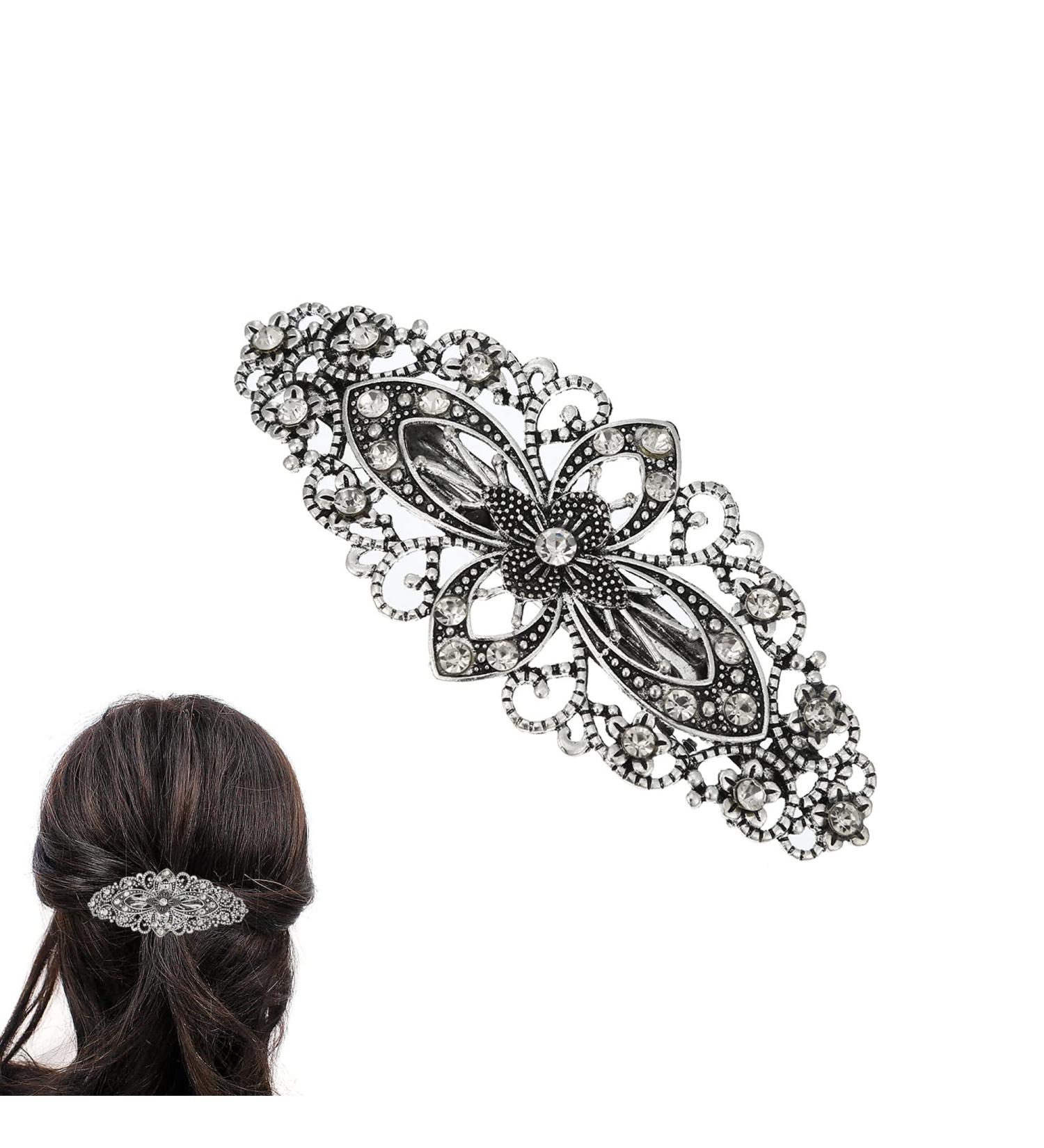 Vintage Flower Hair Barrette - Antique Style Hair Clip for Women, Sparkly Silver Hair Accessory for Wedding, Prom - Crystal Grip Jewellery - Buy Online on GoSupps.com